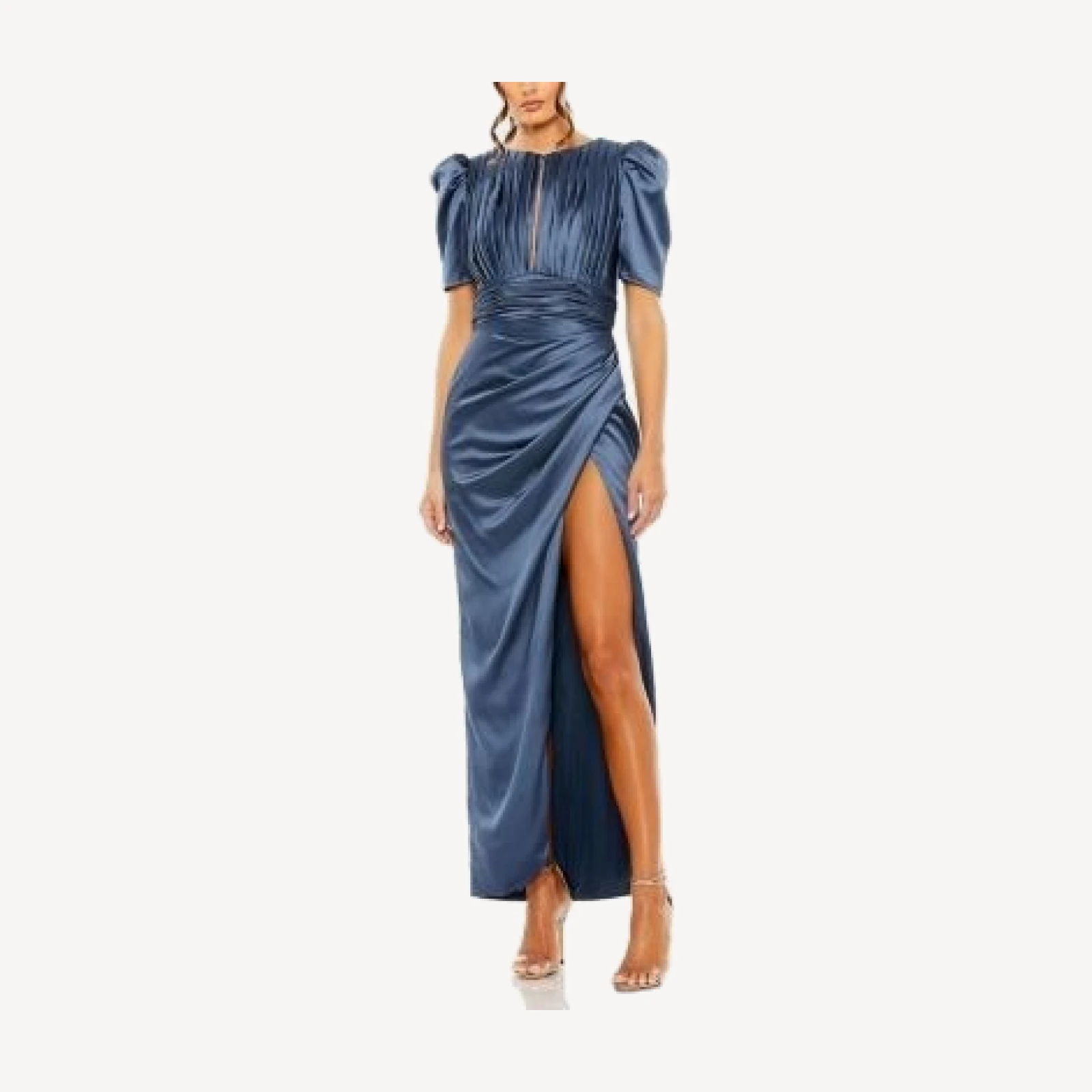 Mac Duggal Puff Sleeve Pleated Bodice Draped Gown