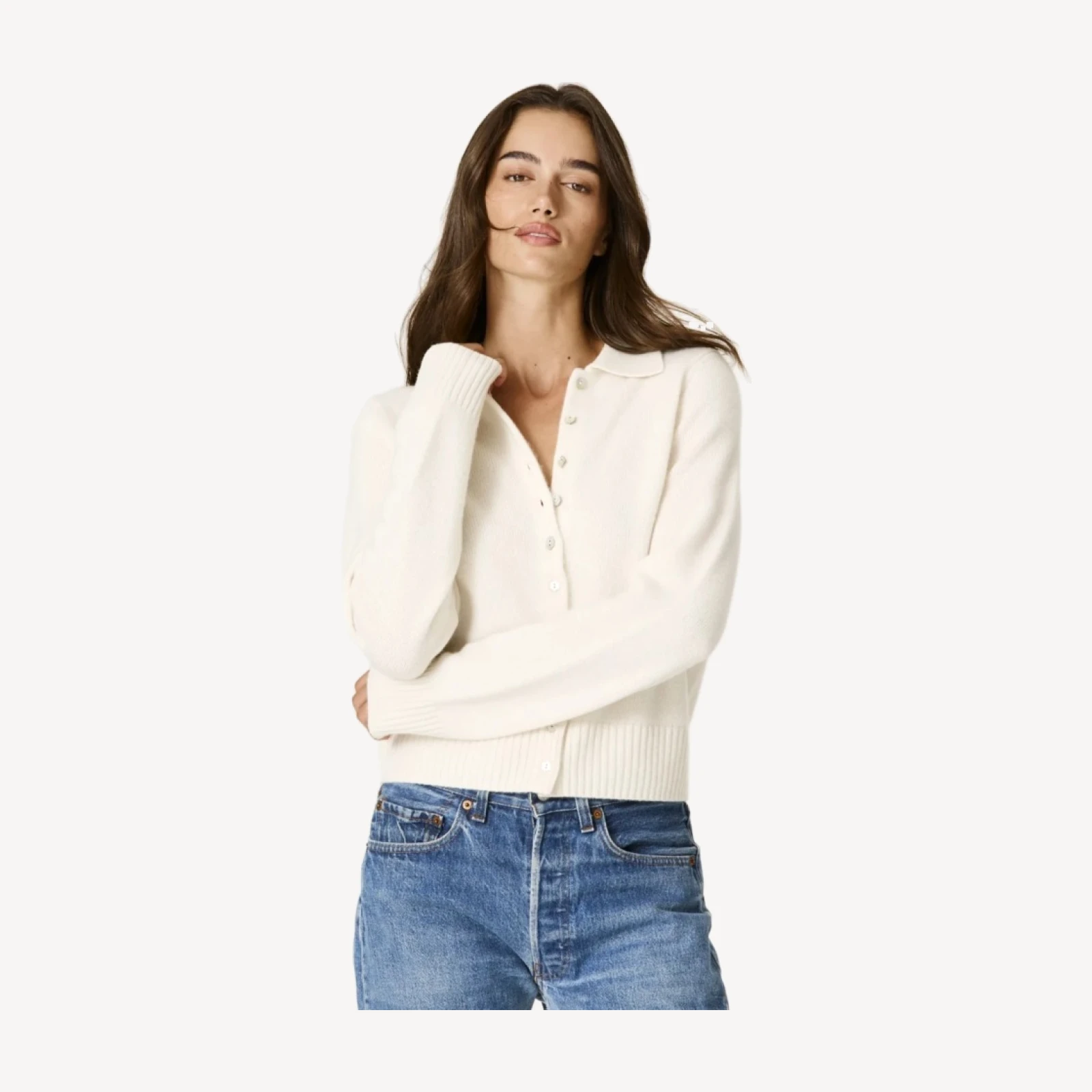 AMELIE CASHMERE POLO CARDIGAN - ECRU