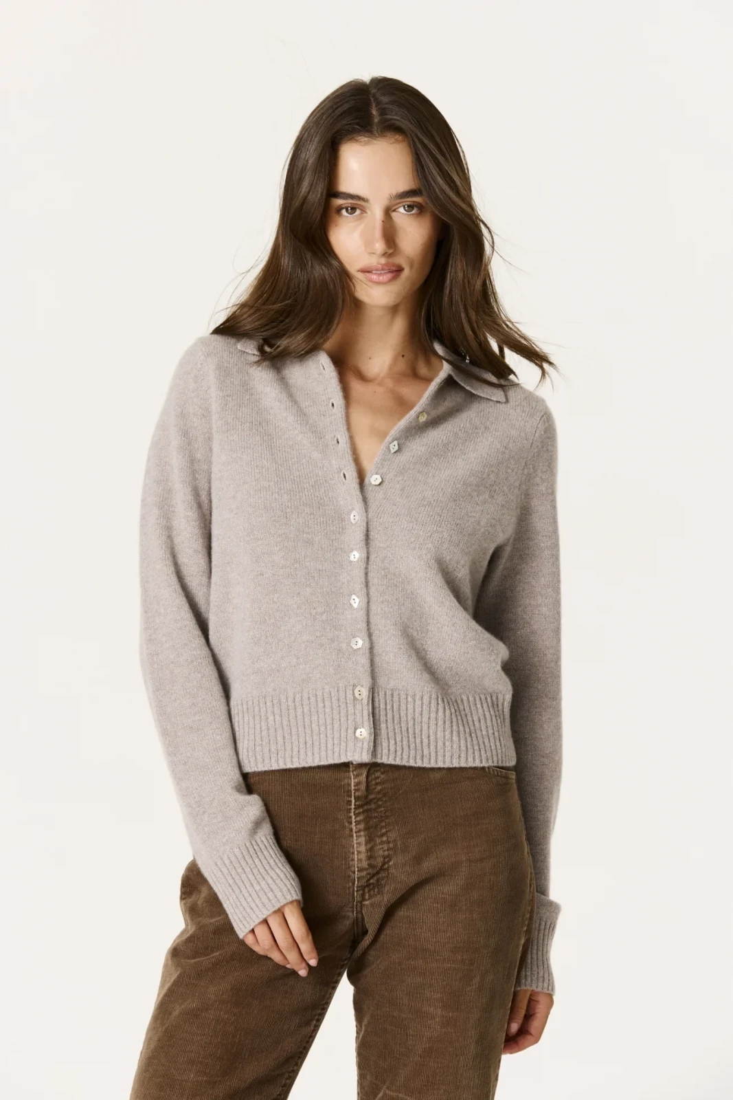 AMELIE CASHMERE POLO CARDIGAN - SMOKEY QUARTZ