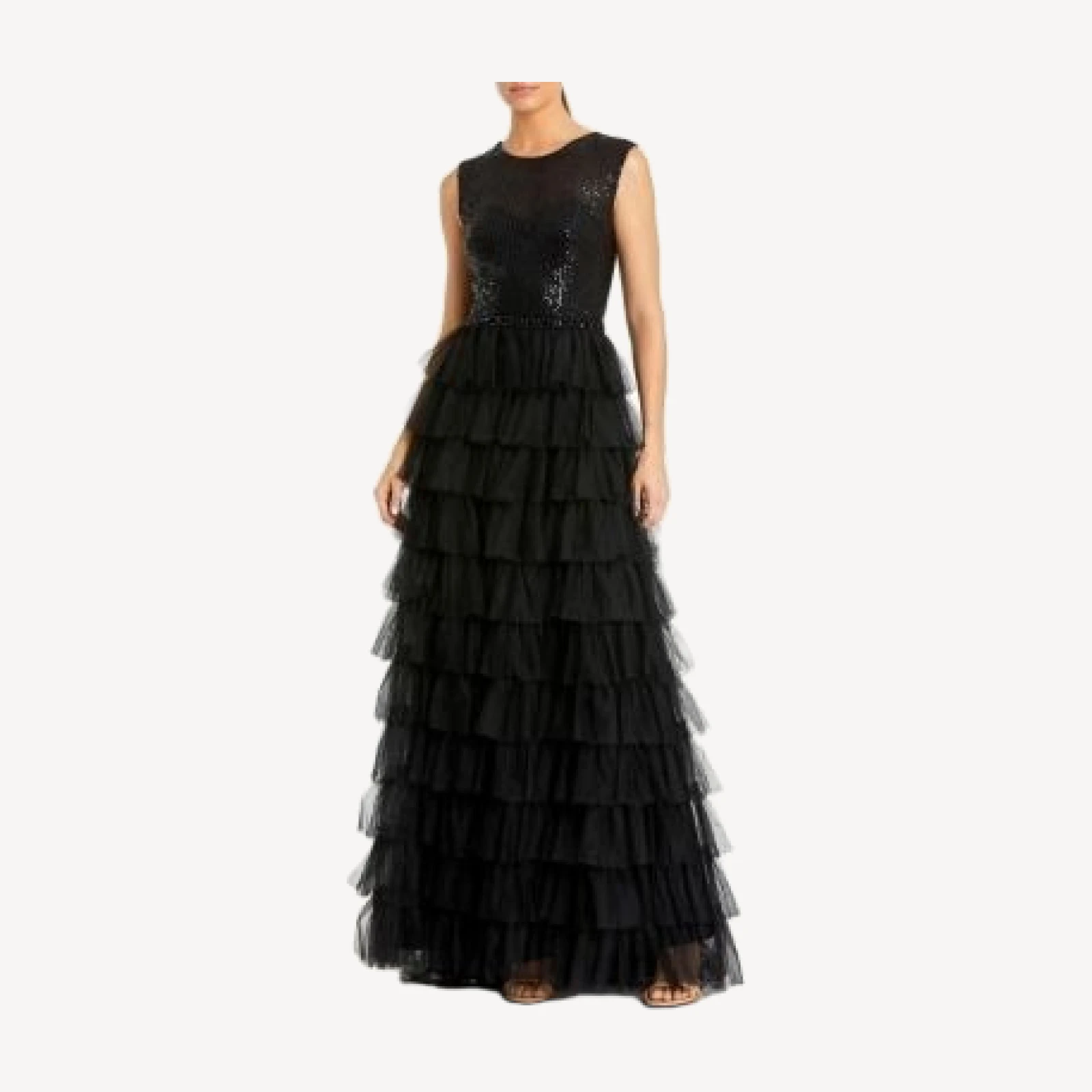 Mac Duggal Ruffle Tiered Sequin High Neck Gown