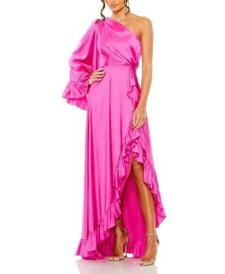 Mac Duggal Long One Sleeve Asymmetrical Ruffle Hem Gown