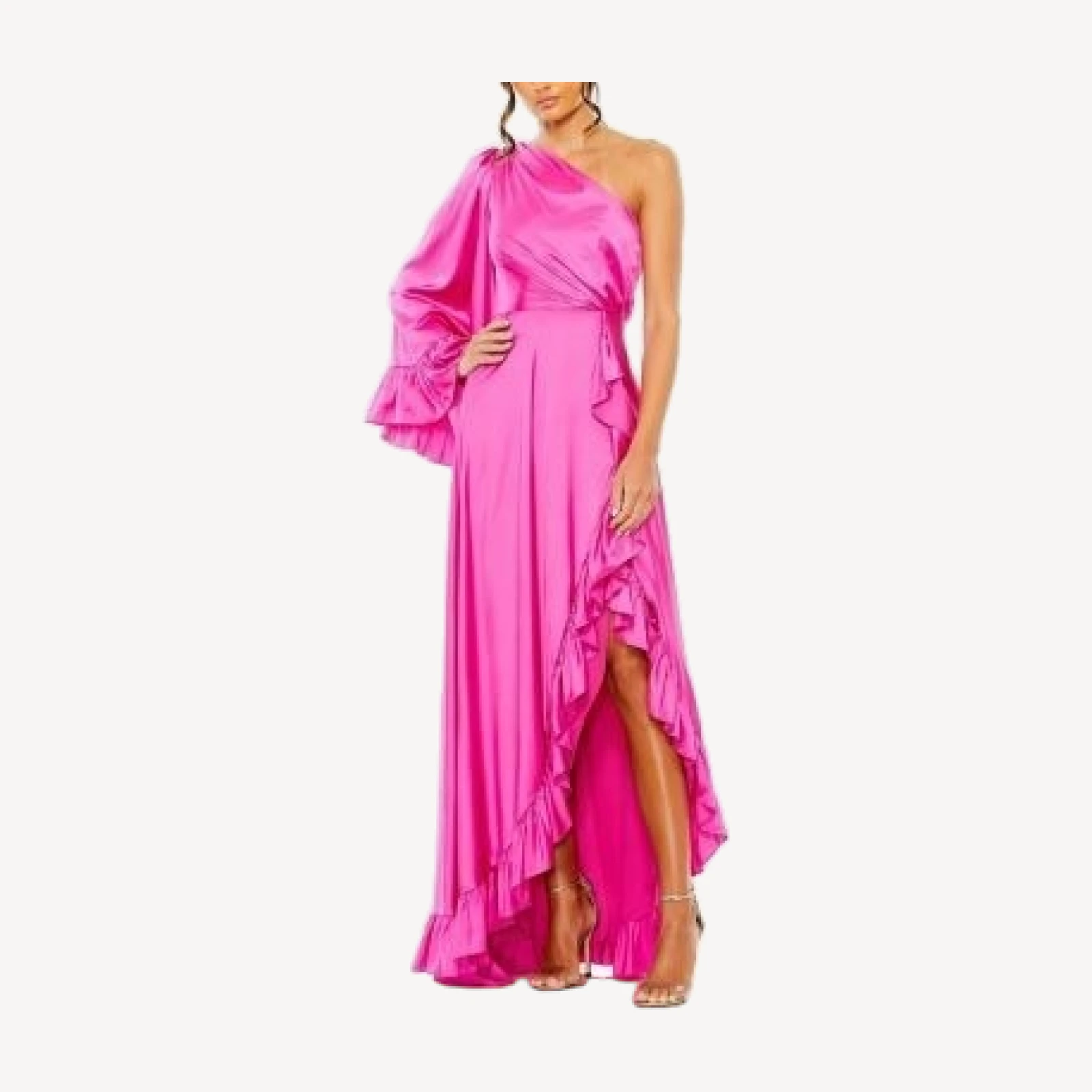 Mac Duggal Long One Sleeve Asymmetrical Ruffle Hem Gown