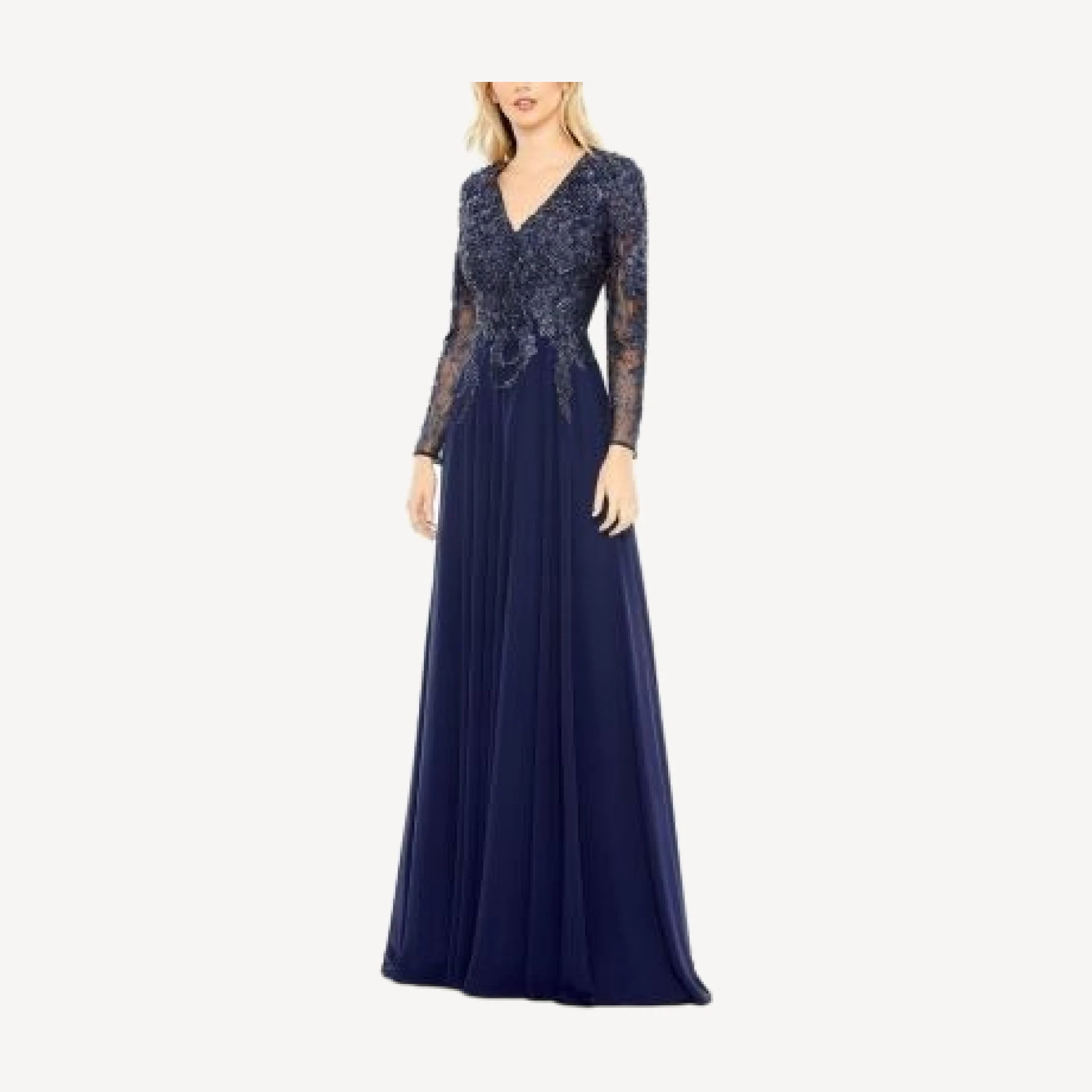 Mac Duggal Embroidered Illusion Long Sleeve V Neck Gown