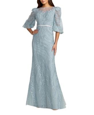 Mac Duggal Embroidered Beaded Boat Neck Gown with Illusion Puff Sleeves