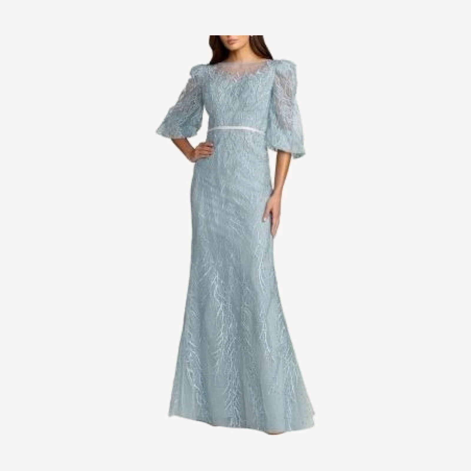 Mac Duggal Embroidered Beaded Boat Neck Gown with Illusion Puff Sleeves