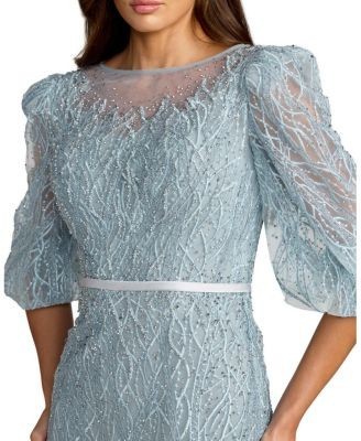 Mac Duggal Embroidered Beaded Boat Neck Gown with Illusion Puff Sleeves