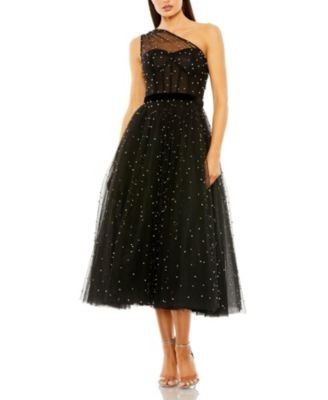 Mac Duggal One Shoulder Pearl Embellished Midi Ballgown