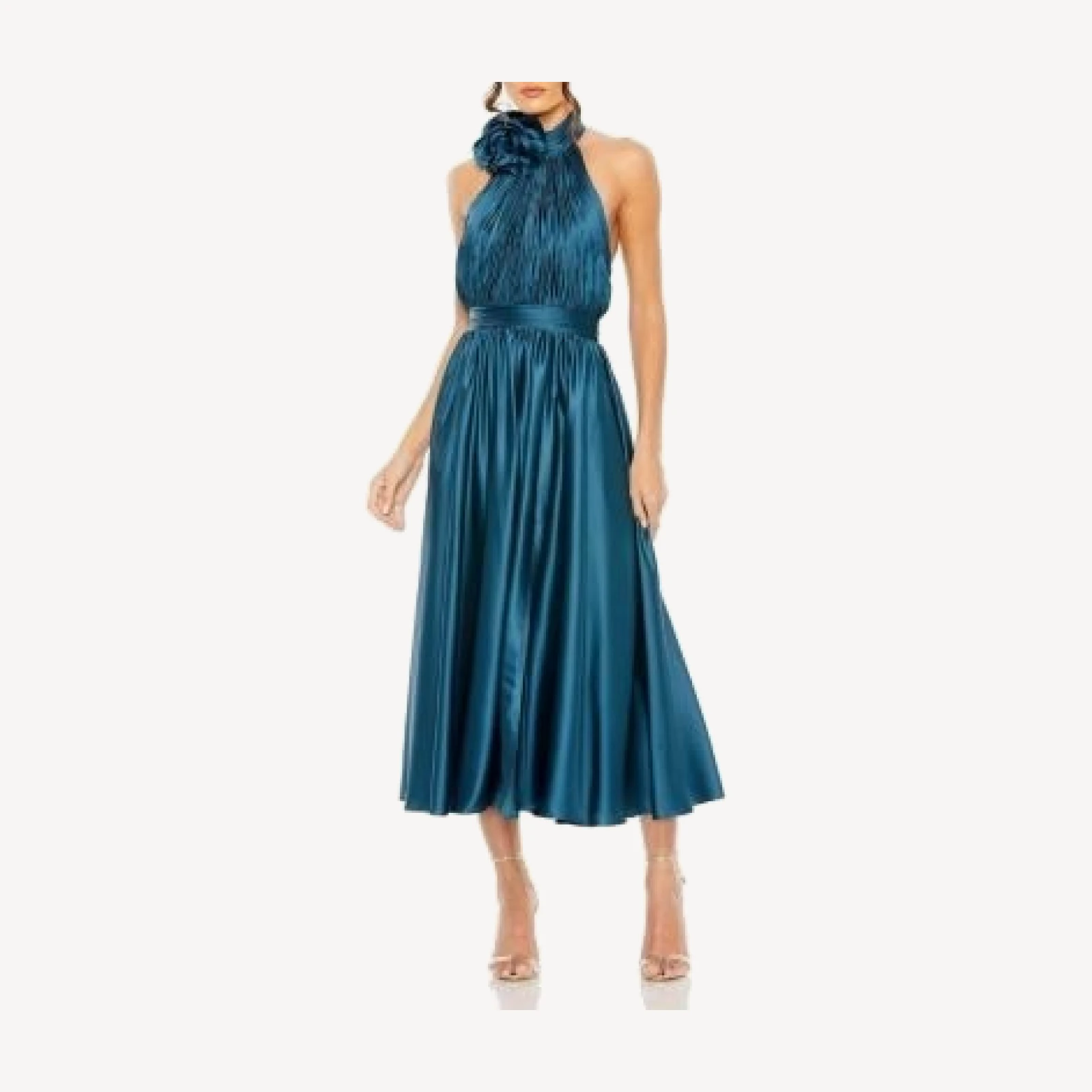 Mac Duggal Pleated Charmeuse High Neck Sleeveless Midi Dress