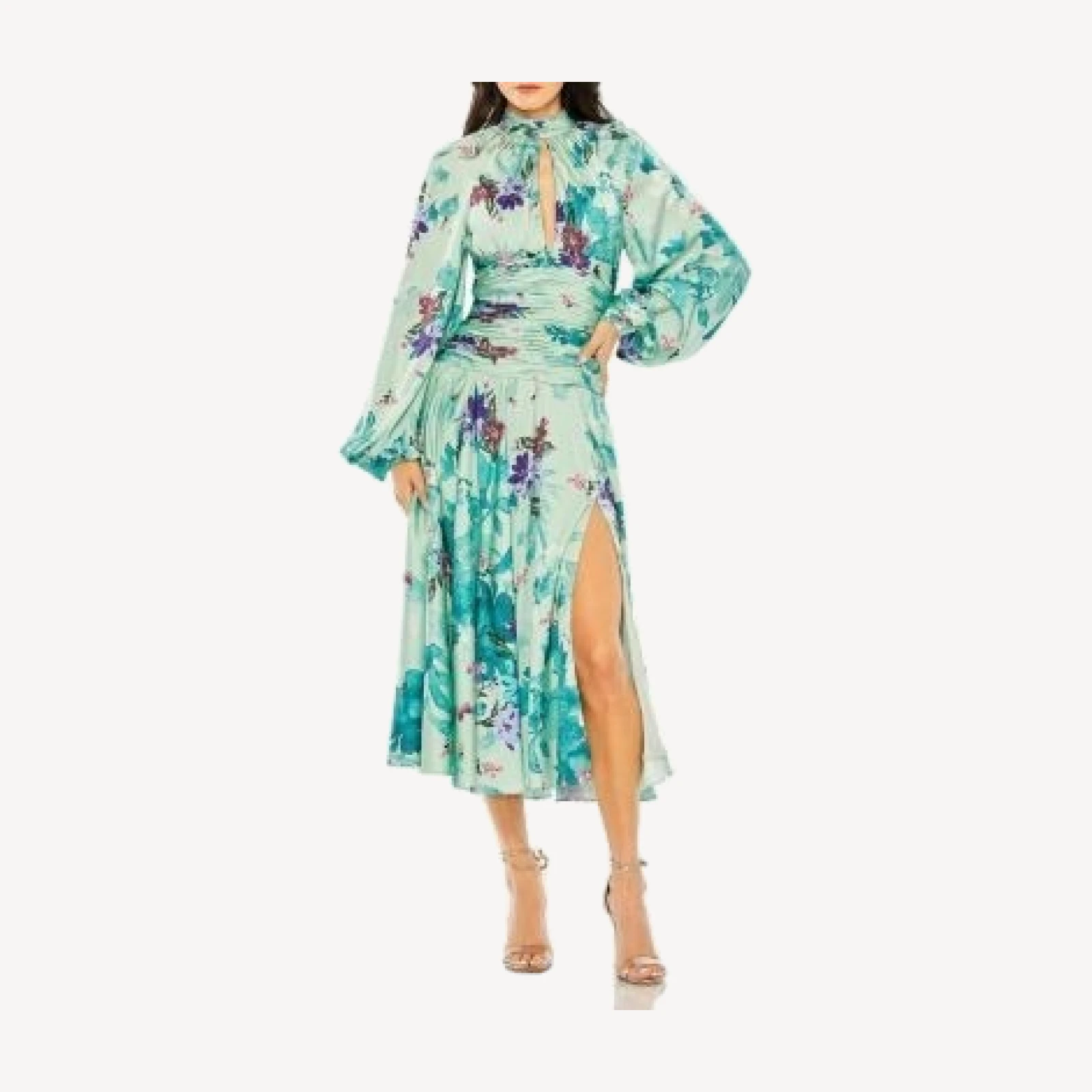 Mac Duggal Keyhole Satin Long Sleeve Floral Gown