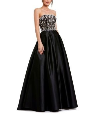 Mac Duggal Strapless Beaded Embellished Top Satin Ballgown