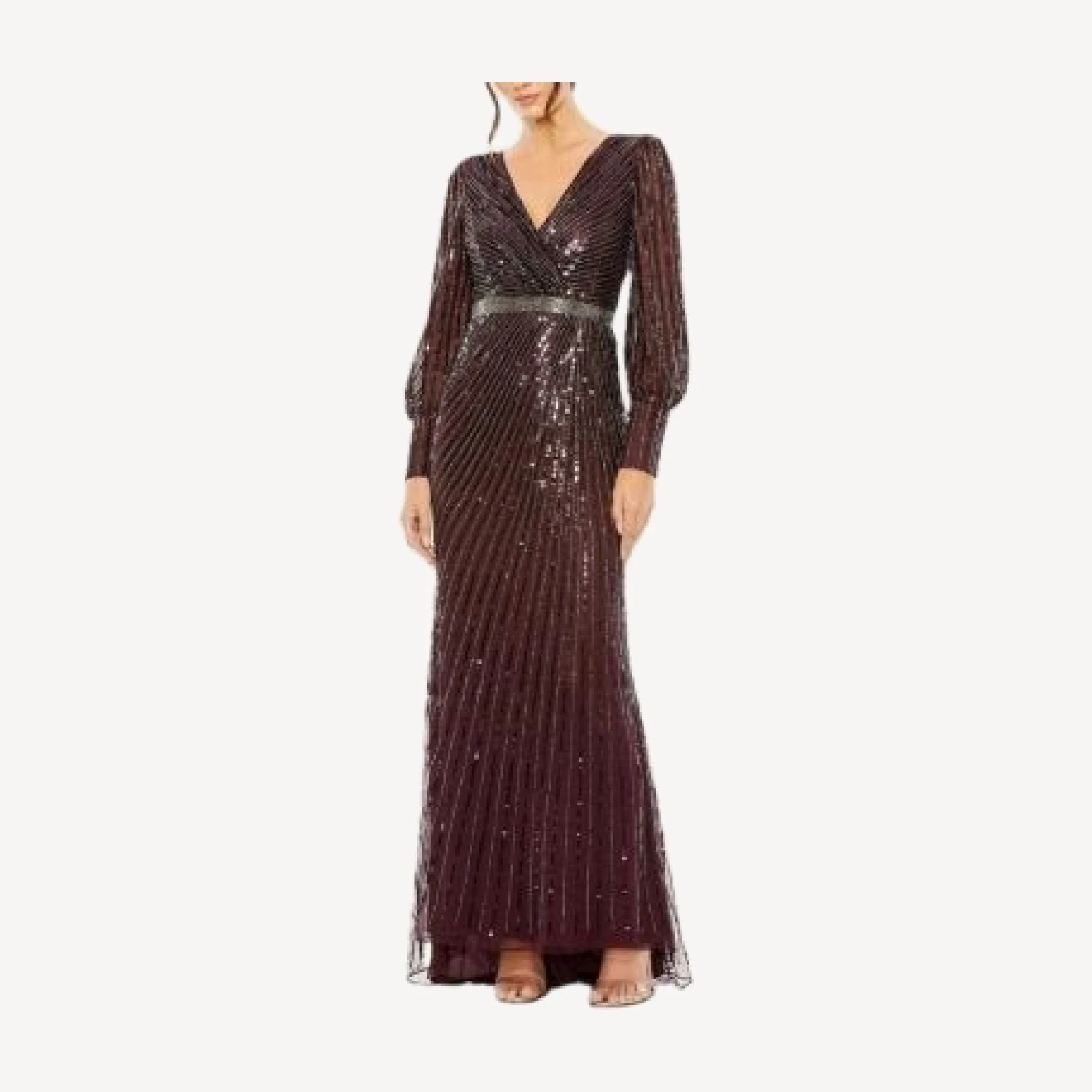 Mac Duggal Sequined Wrap Over Bishop Sleeve Gown