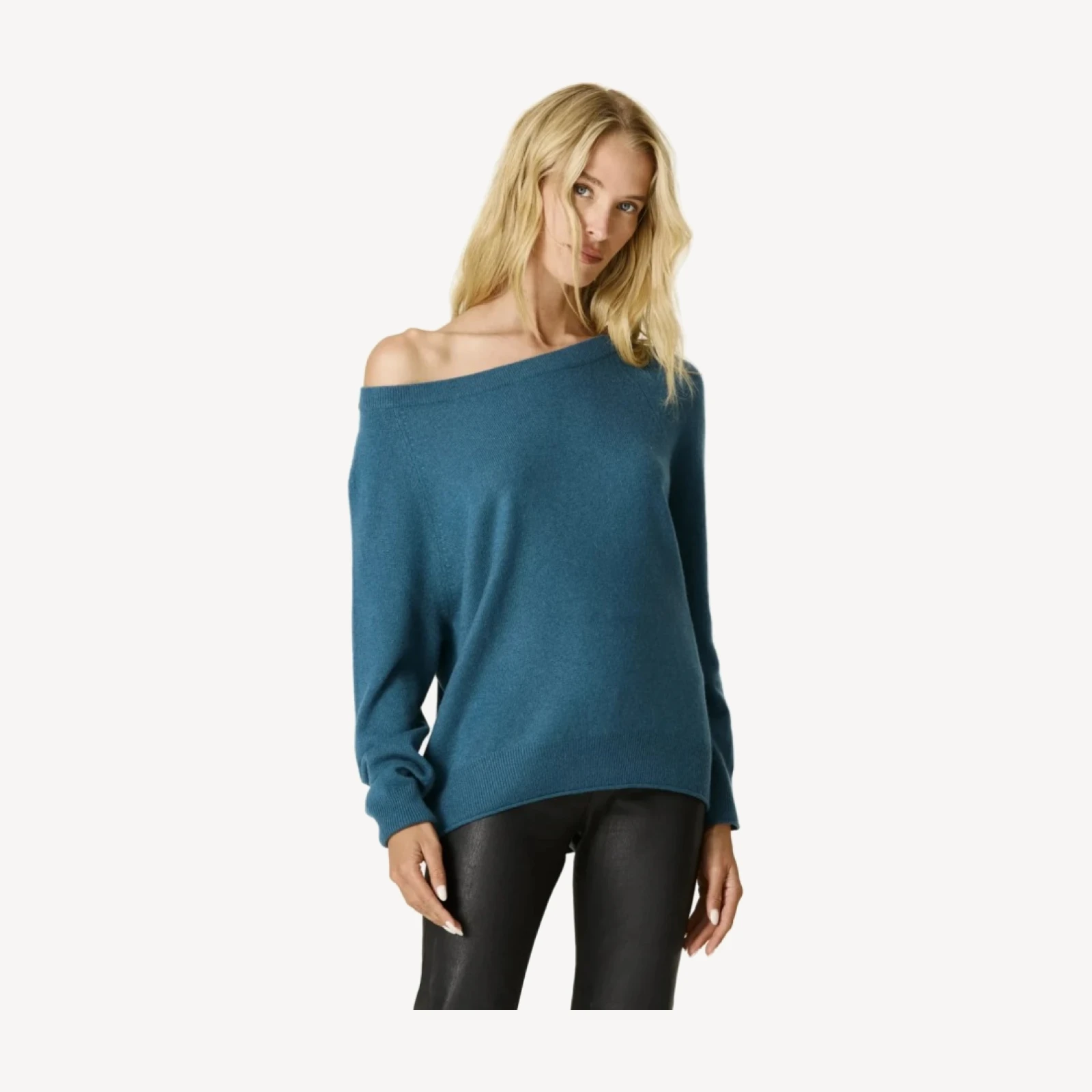 AZALEA CASHMERE OFF THE SHOULDER SWEATER - FRENCH TEAL