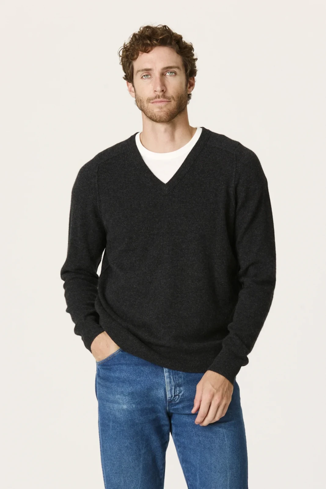 FERGUS CASHMERE V-NECK SWEATER - CHARCOAL