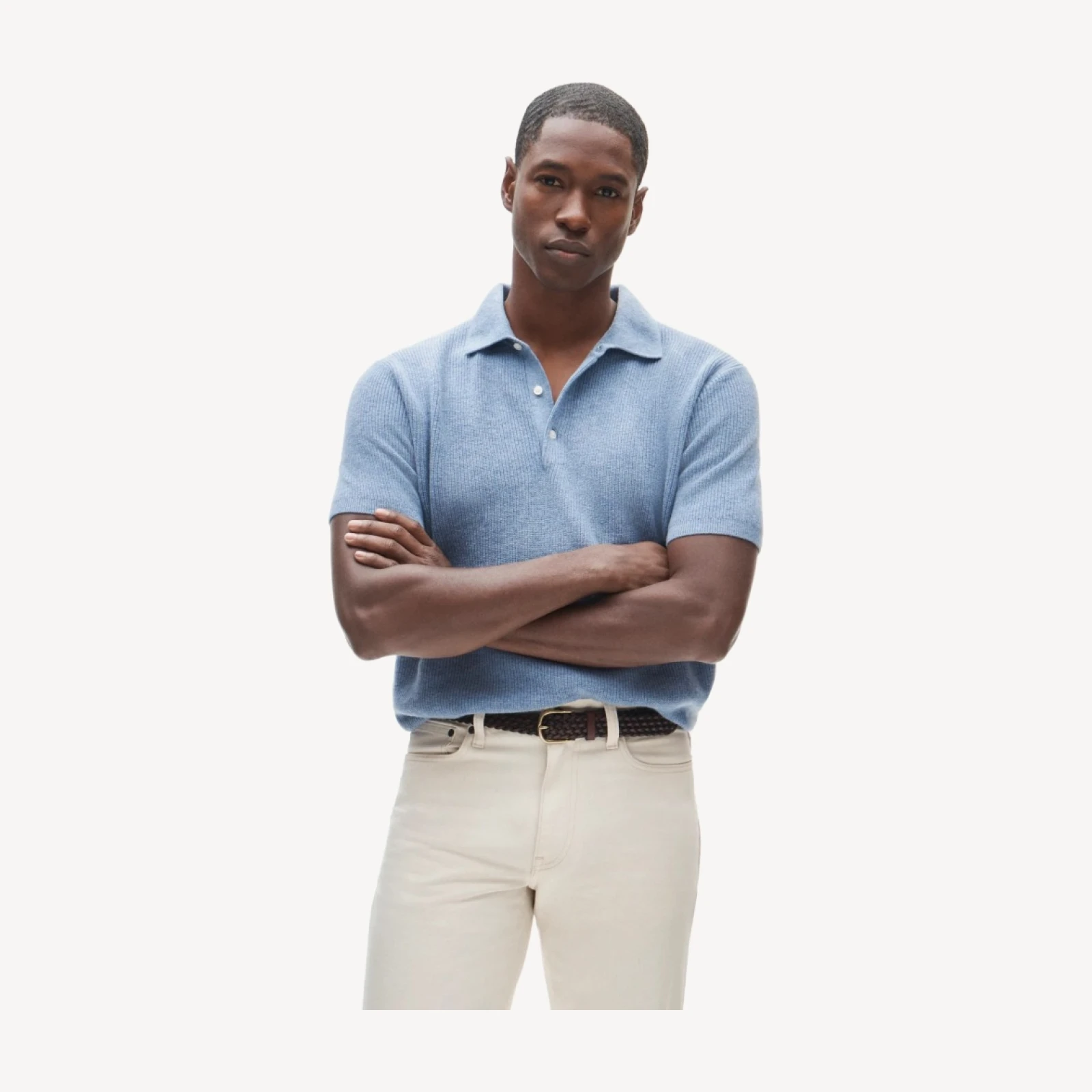 Short-sleeve cashmere rib-knit sweater-polo