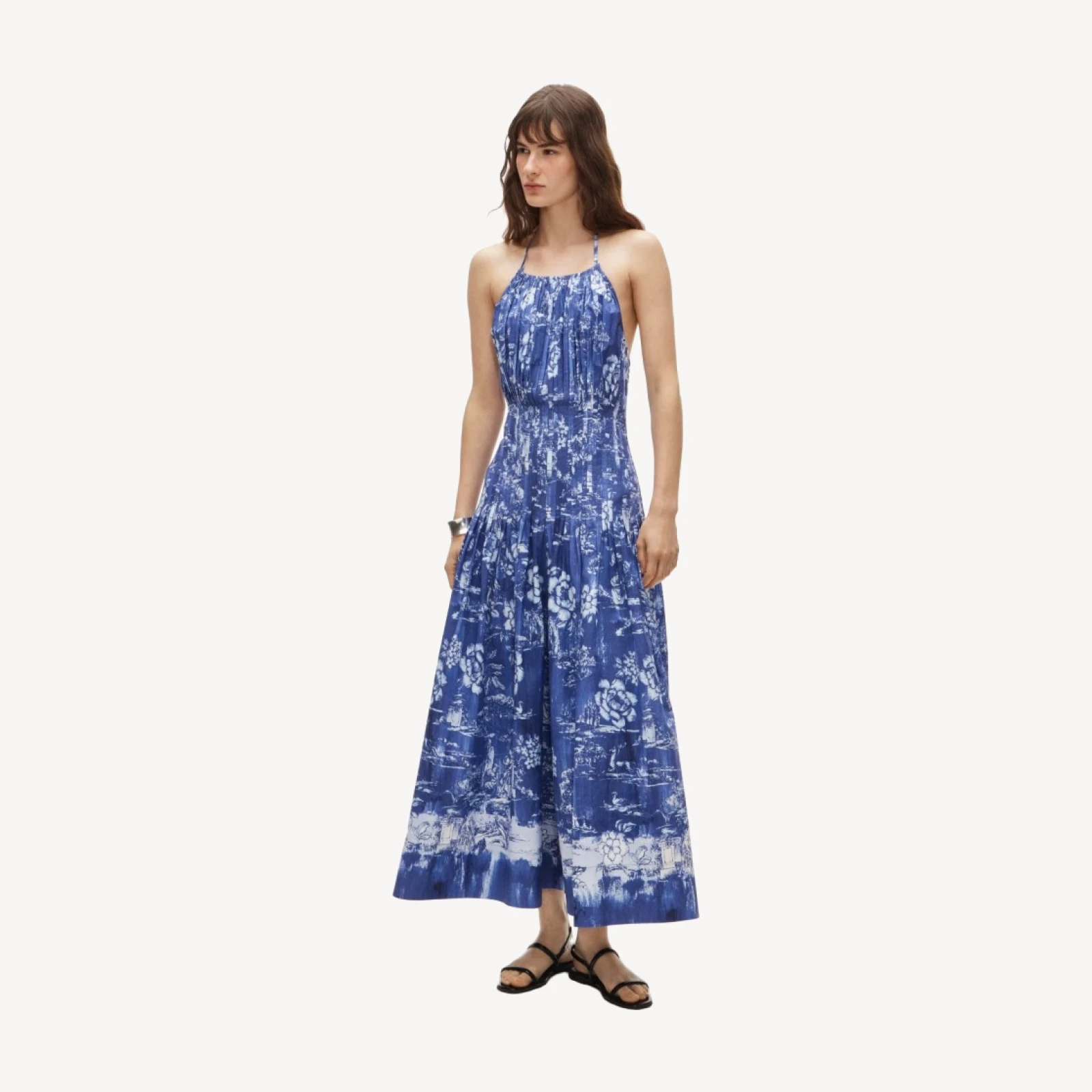Open-back halter dress in cotton poplin