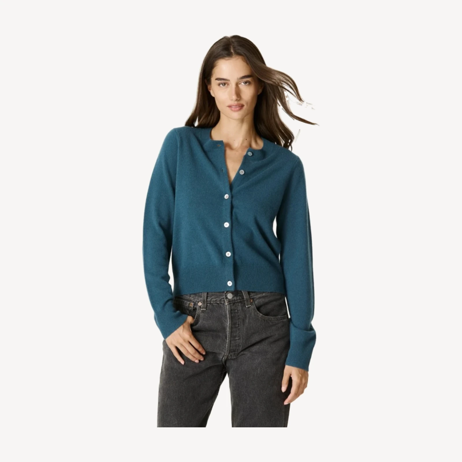 JAYLA BUTTON-UP CASHMERE CARDIGAN - FRENCH TEAL