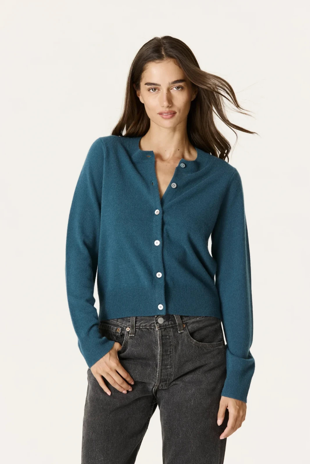 JAYLA BUTTON-UP CASHMERE CARDIGAN - FRENCH TEAL