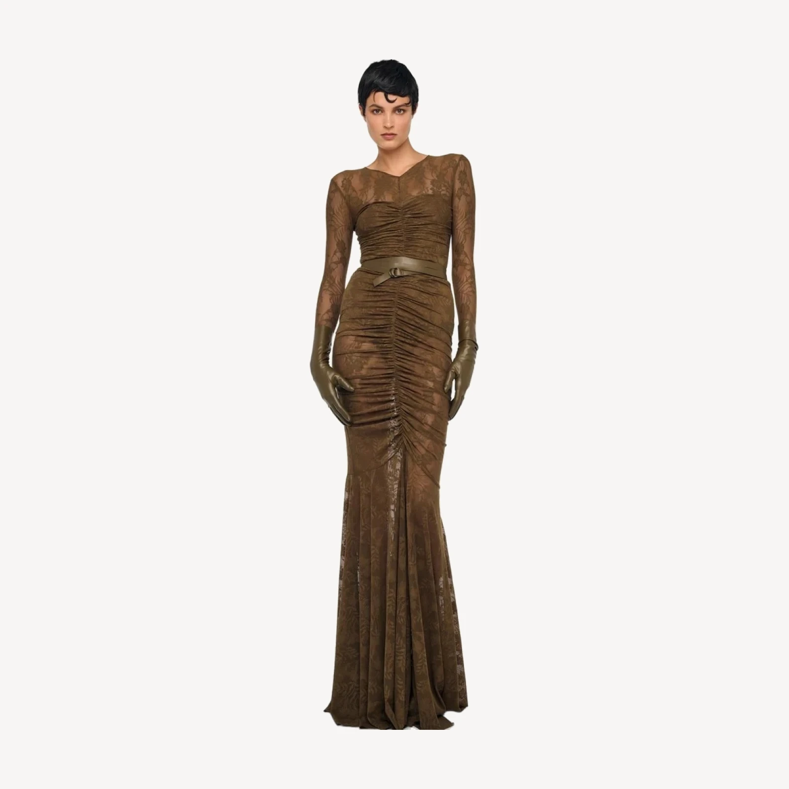 V NECK SHIRRED FRONT FISHTAIL GOWN