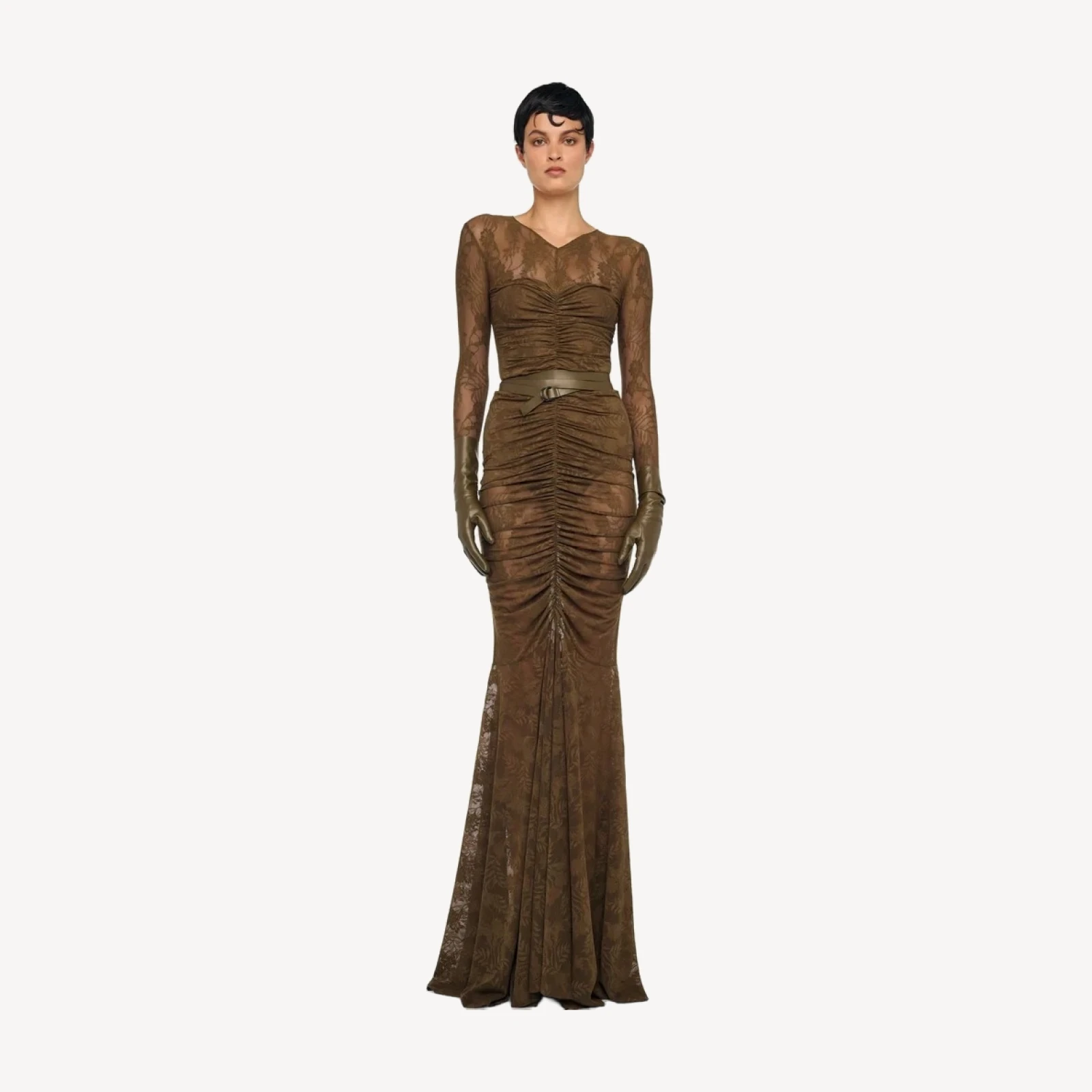 V NECK SHIRRED FRONT FISHTAIL GOWN
