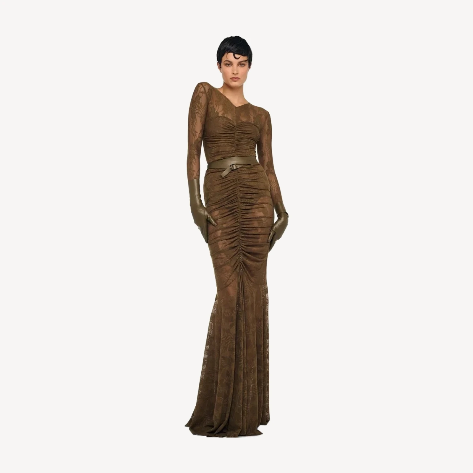 V NECK SHIRRED FRONT FISHTAIL GOWN