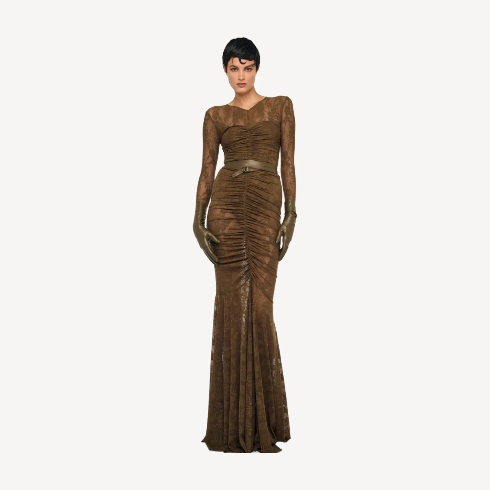 V NECK SHIRRED FRONT FISHTAIL GOWN