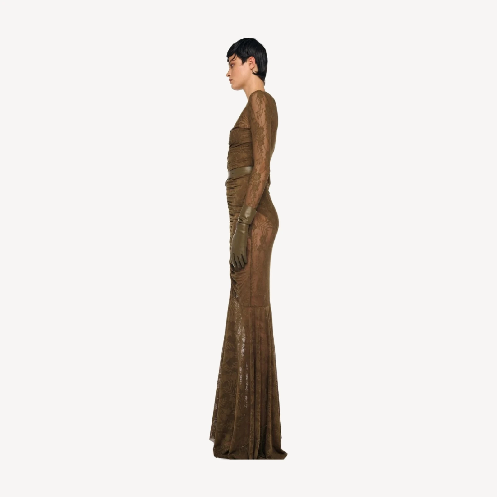 V NECK SHIRRED FRONT FISHTAIL GOWN