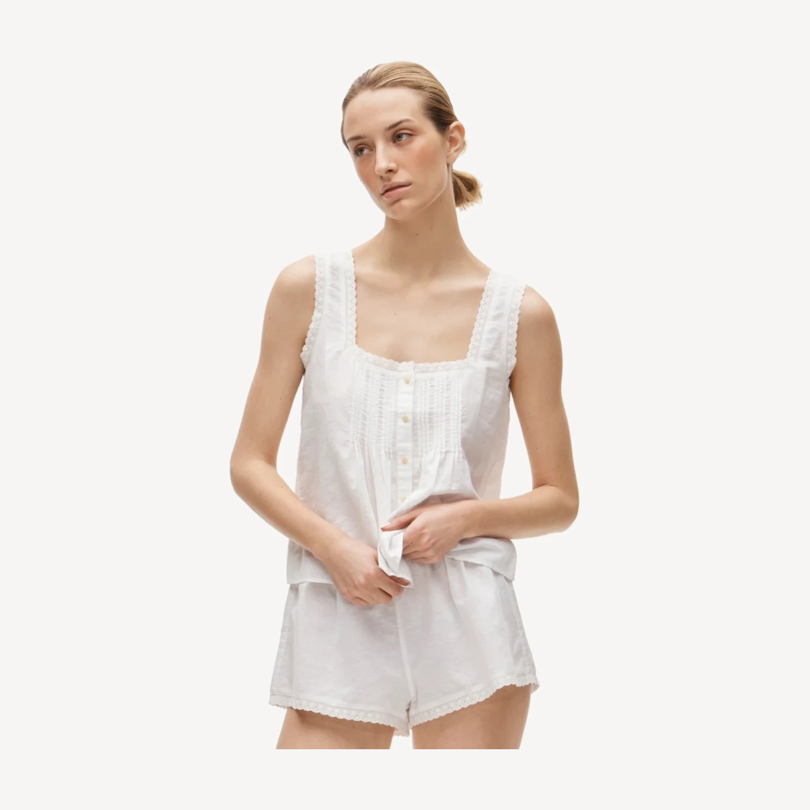 Lace-trim camisole and pajama short set in linen-cotton blend