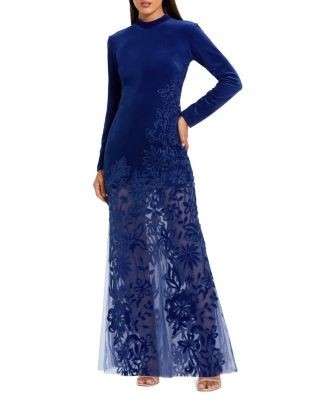 Mac Duggal Long Sleeve Sheer Floral Embroidered Velvet Gown