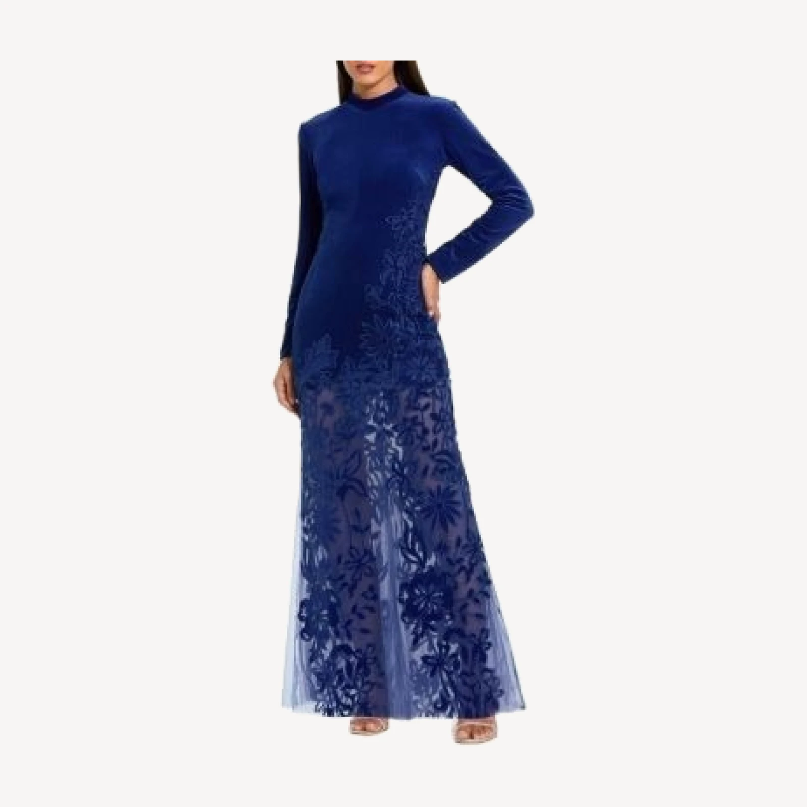 Mac Duggal Long Sleeve Sheer Floral Embroidered Velvet Gown