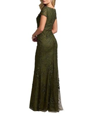 Mac Duggal Floral Applique Boar Neck Short Sleeve Gown