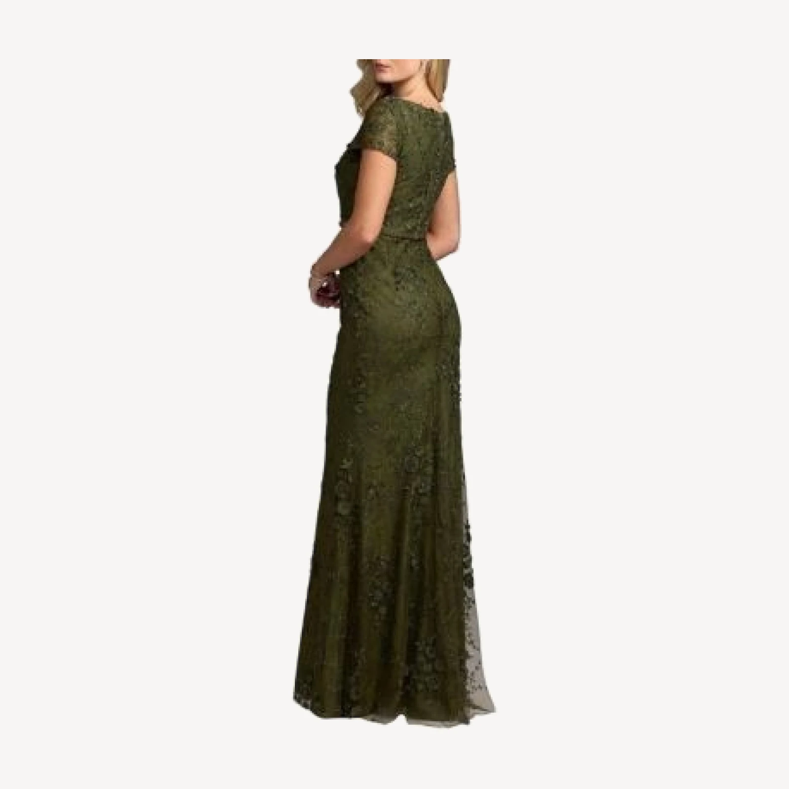 Mac Duggal Floral Applique Boar Neck Short Sleeve Gown