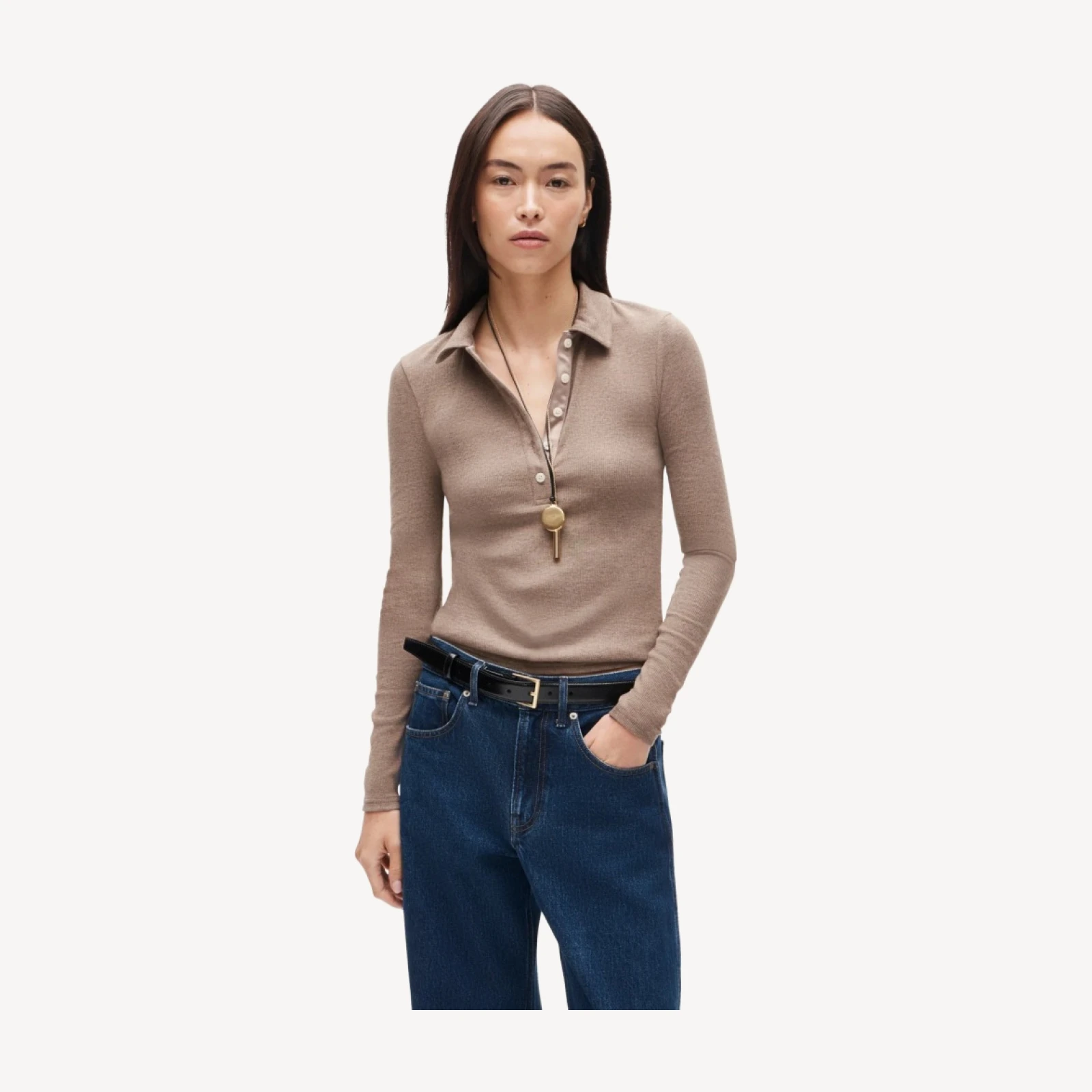 Perfect rib long-sleeve polo shirt with satin trim