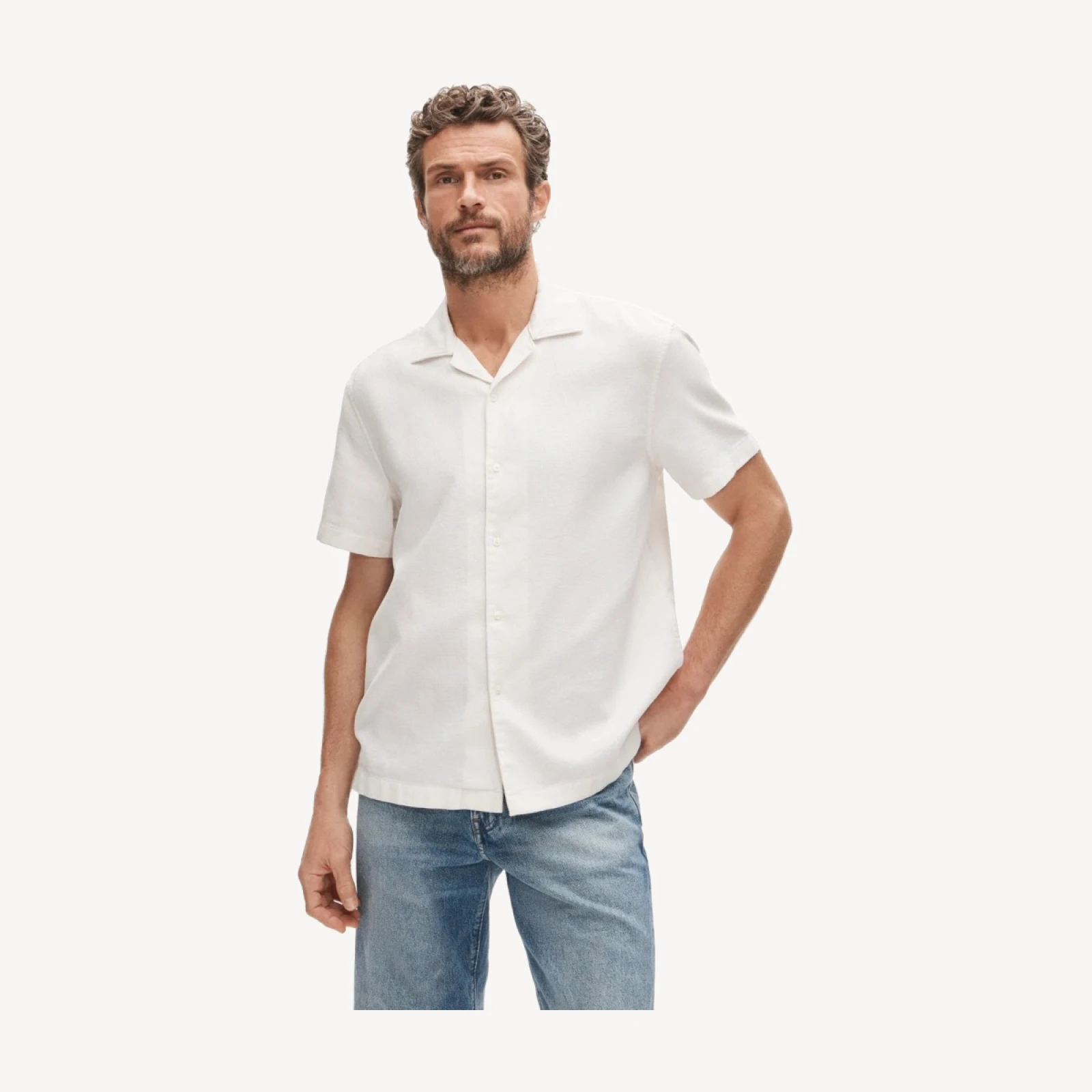 Short-sleeve textured cotton camp-collar shirt