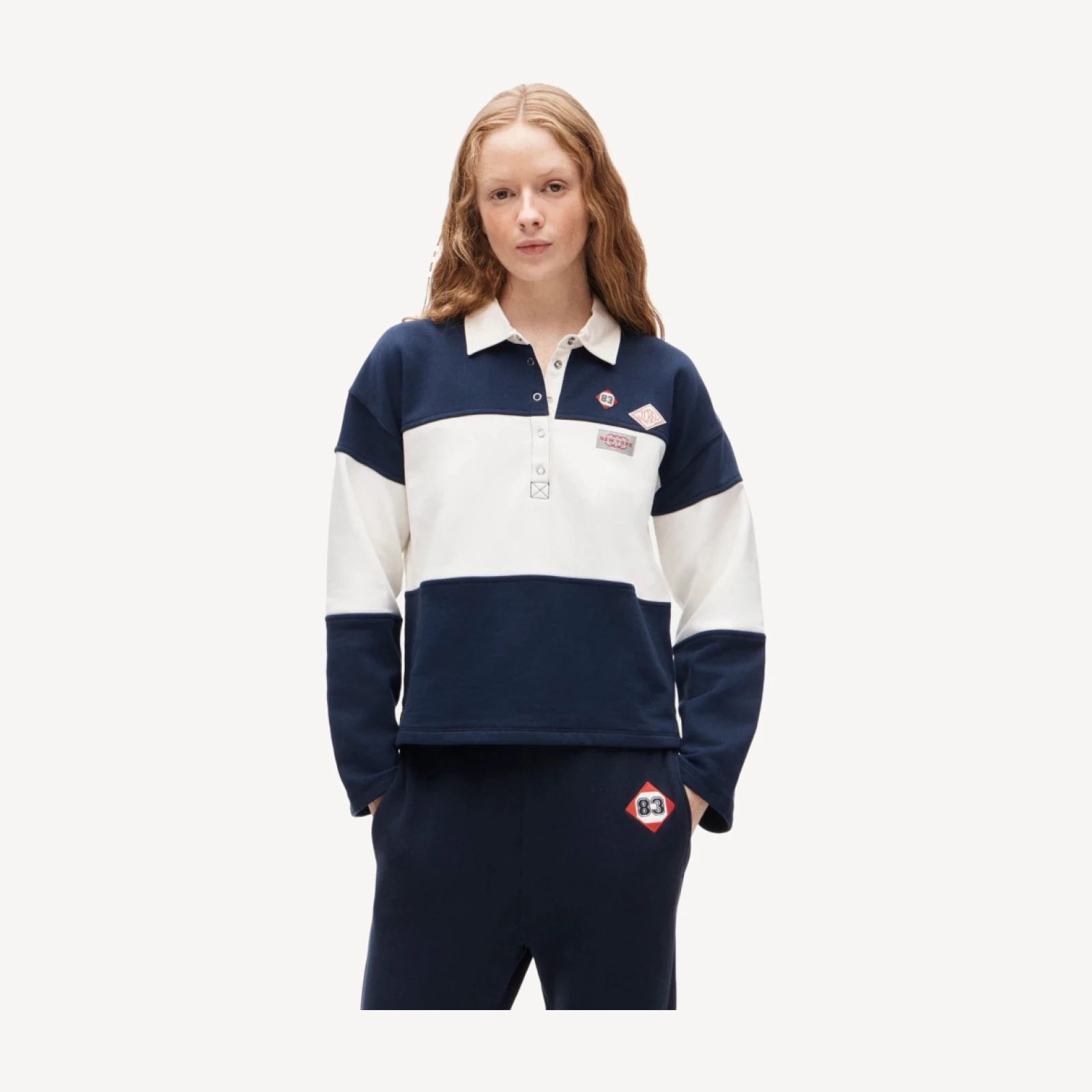 Vintage fleece rugby sweatshirt with novelty patches