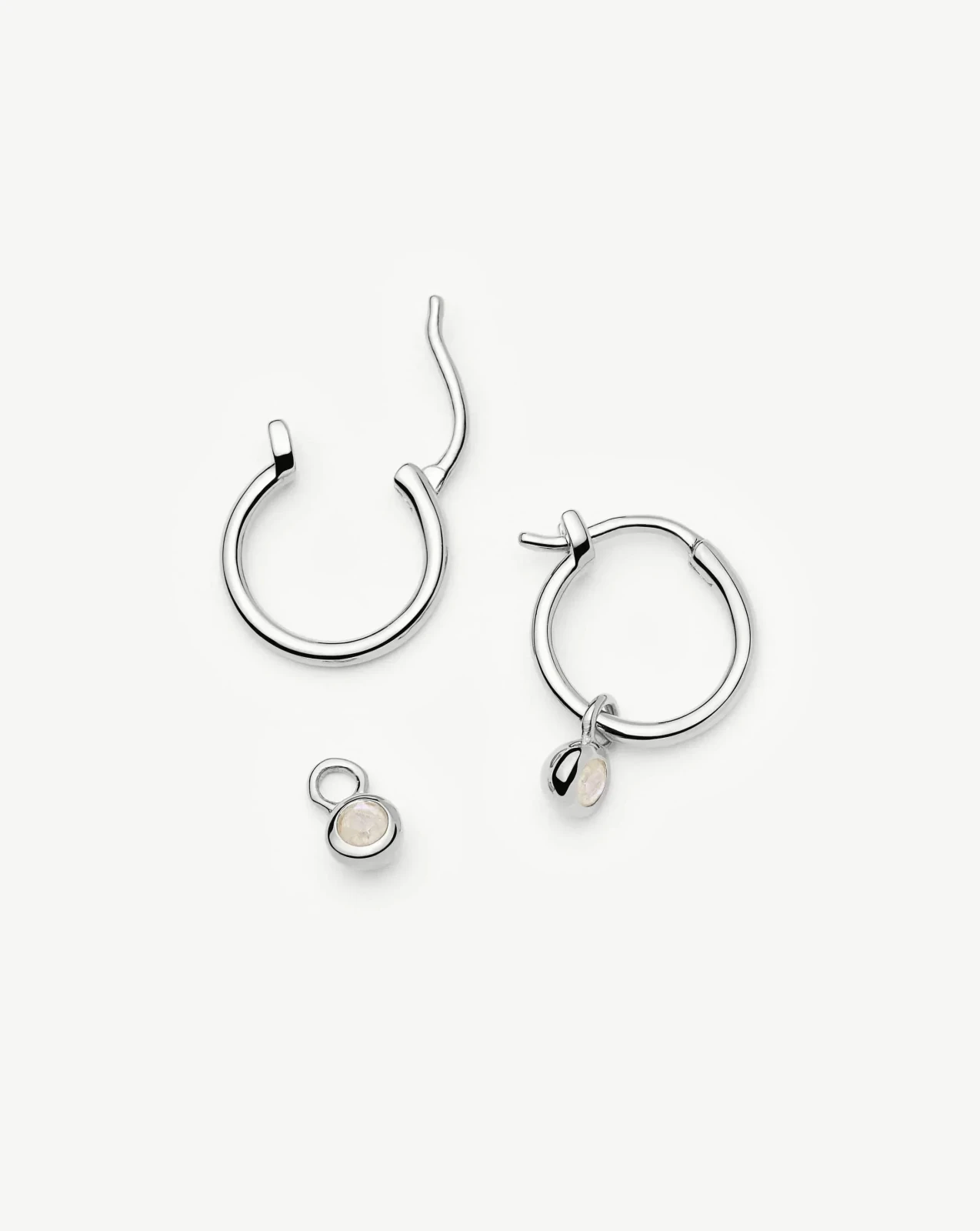 June Birthstone Mini Charm Hoop Earrings | Silver Plated/Rainbow Moonstone