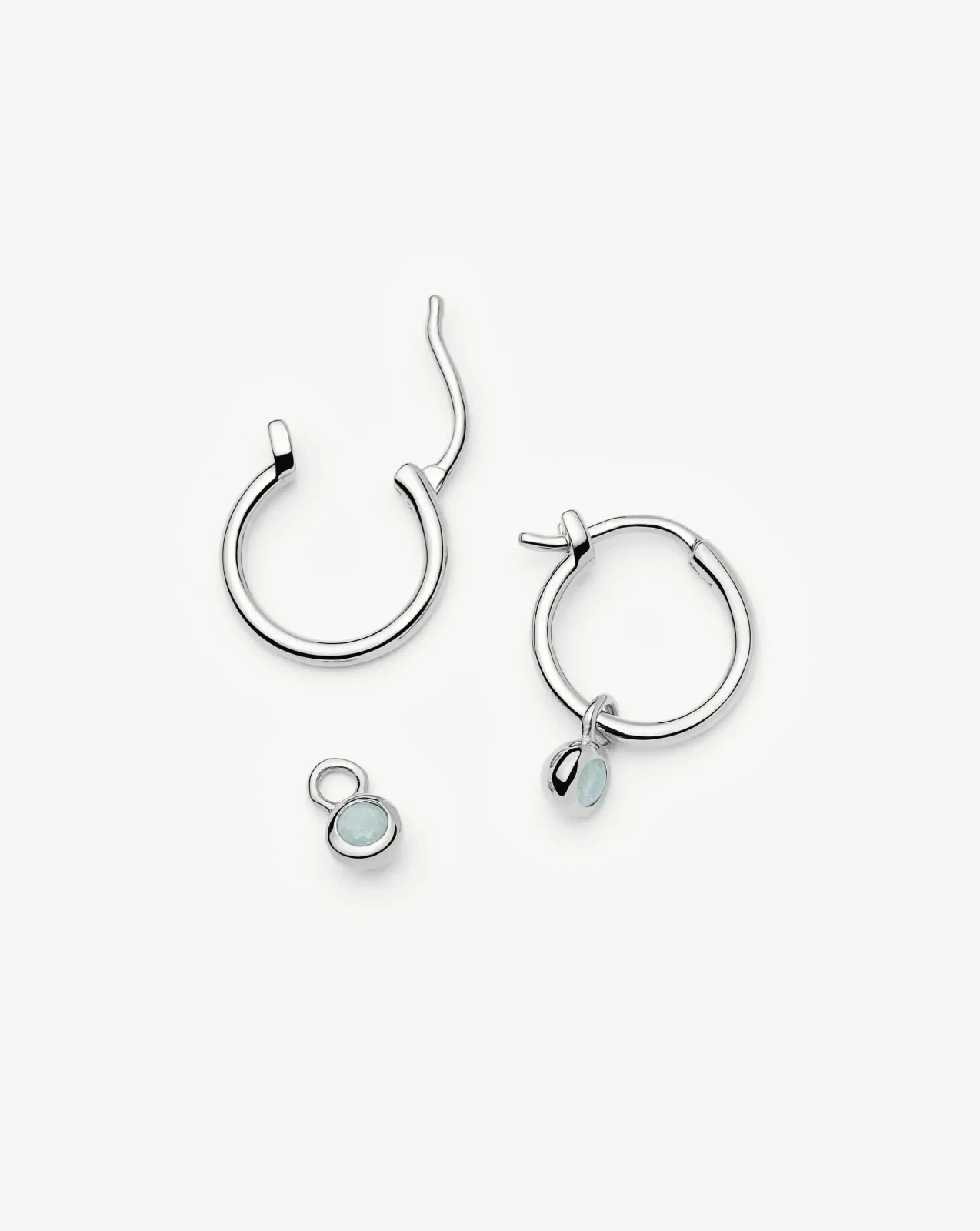 March Birthstone Mini Charm Hoop Earrings | Silver Plated/Milky Aquamarine