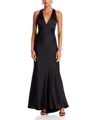 Aqua Satin V Neck Long Dress - Exclusive