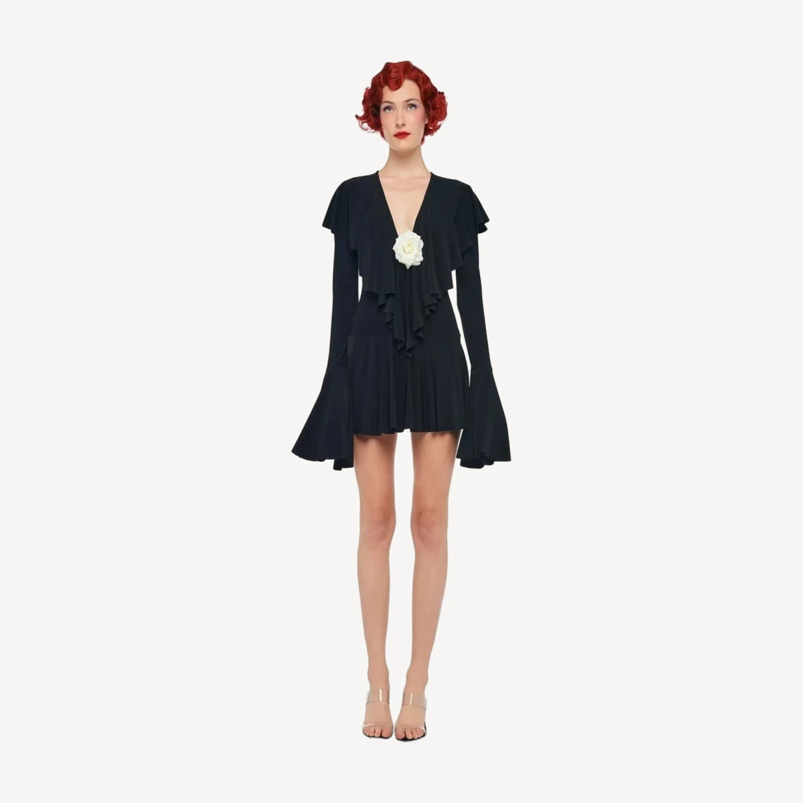 LONG SLEEVE DEEP V RUFFLE MINI DRESS