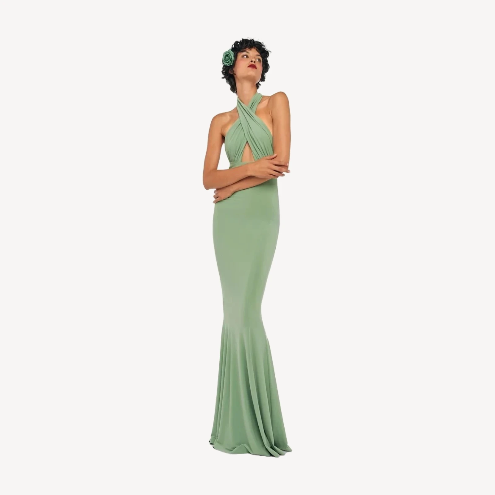 CROSS HALTER FISHTAIL GOWN