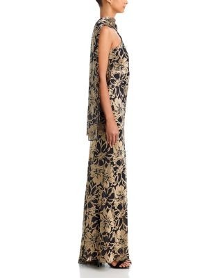 Aqua Floral Print Satin Scarf Neck Gown - Exclusive