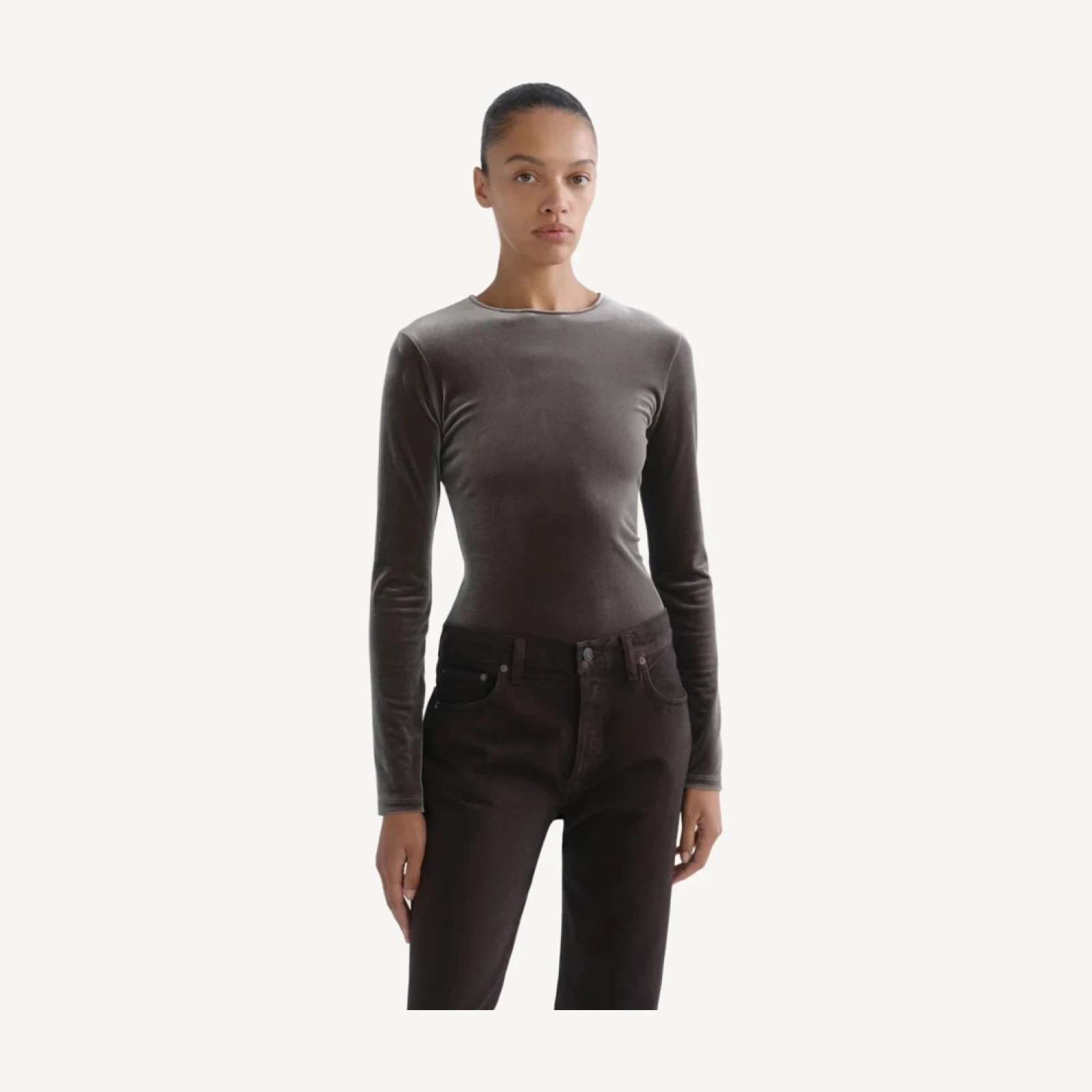 Aura Long Sleeve Bodysuit (Velvet) in Truffle