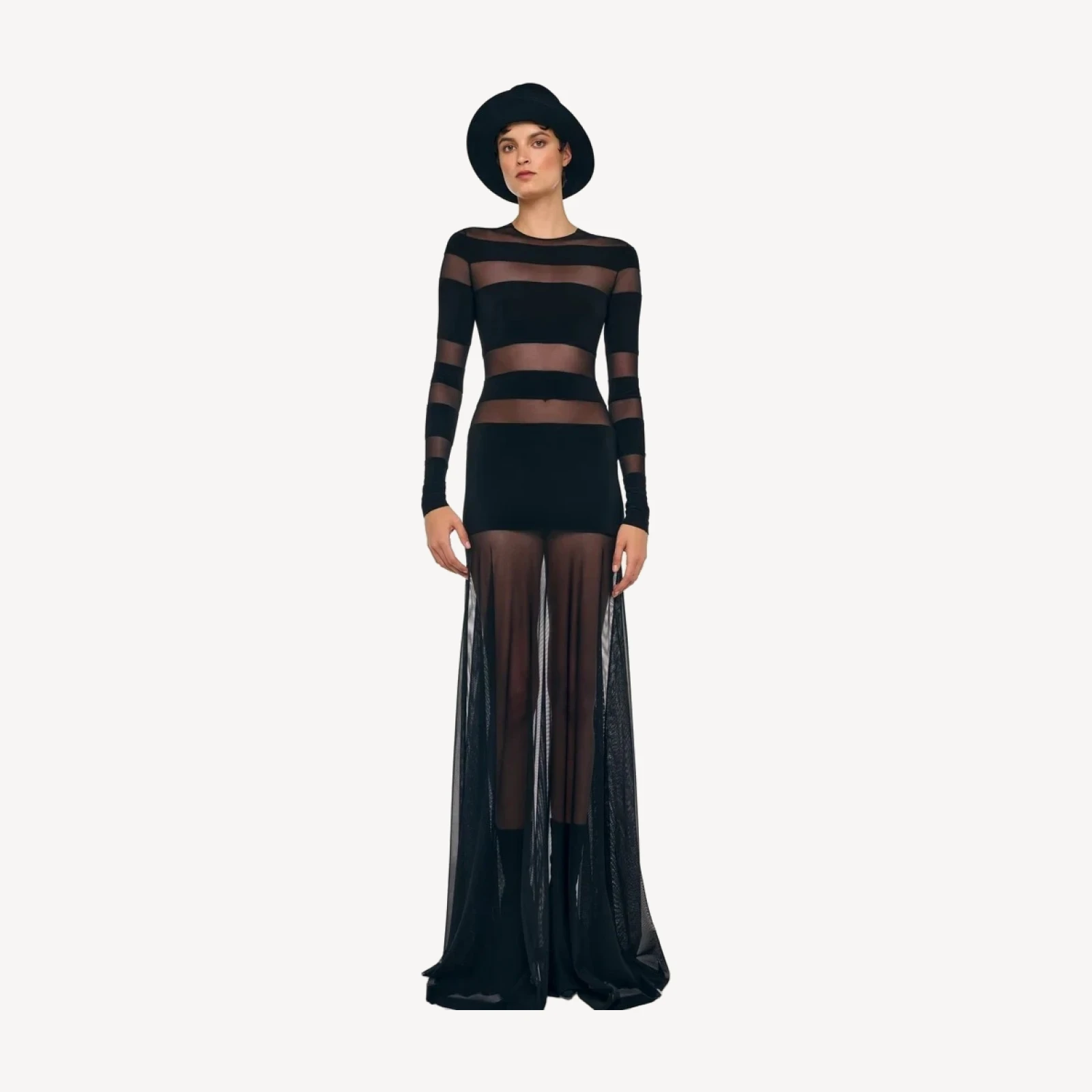 SPLICED LONG SLEEVE FLARED GOWN