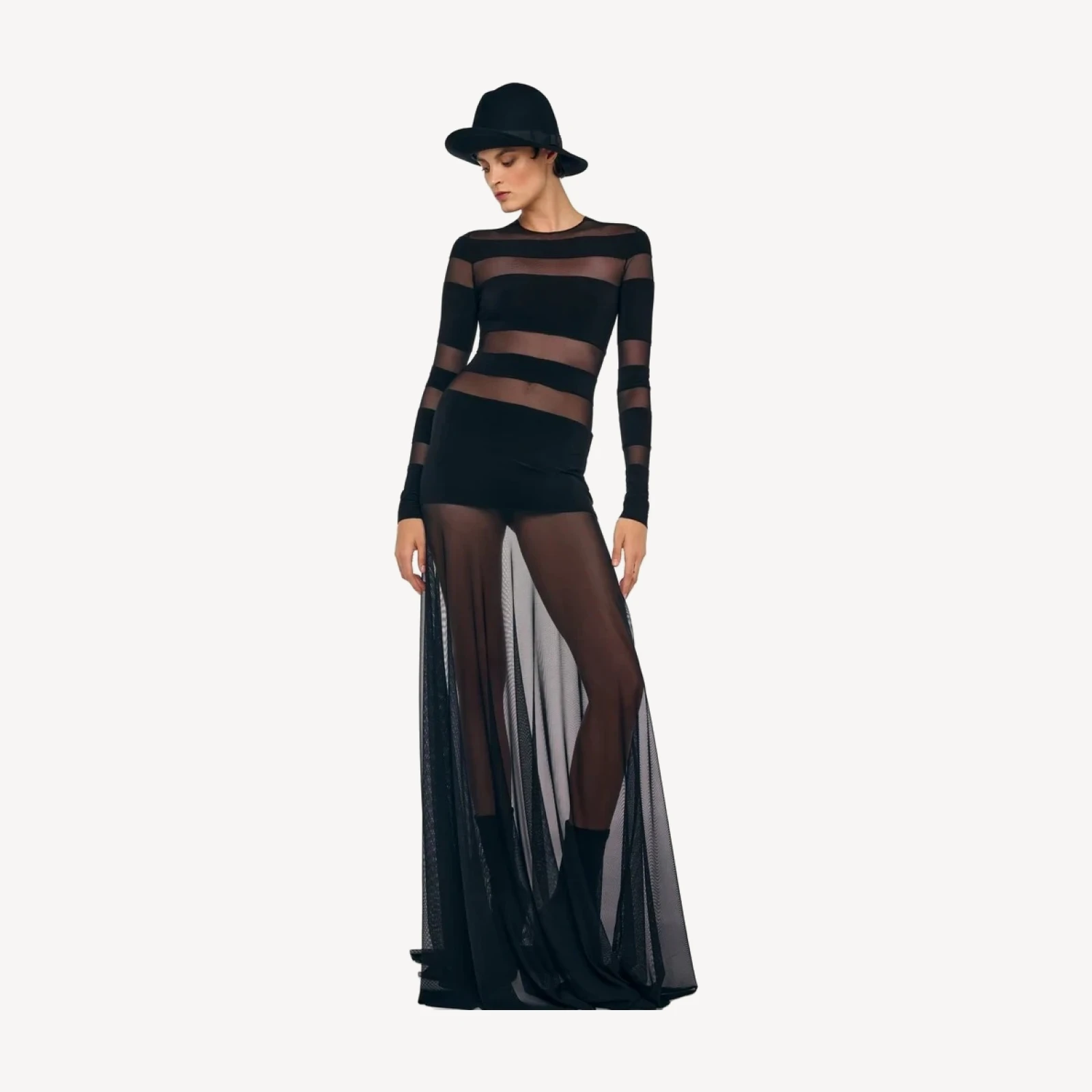 SPLICED LONG SLEEVE FLARED GOWN
