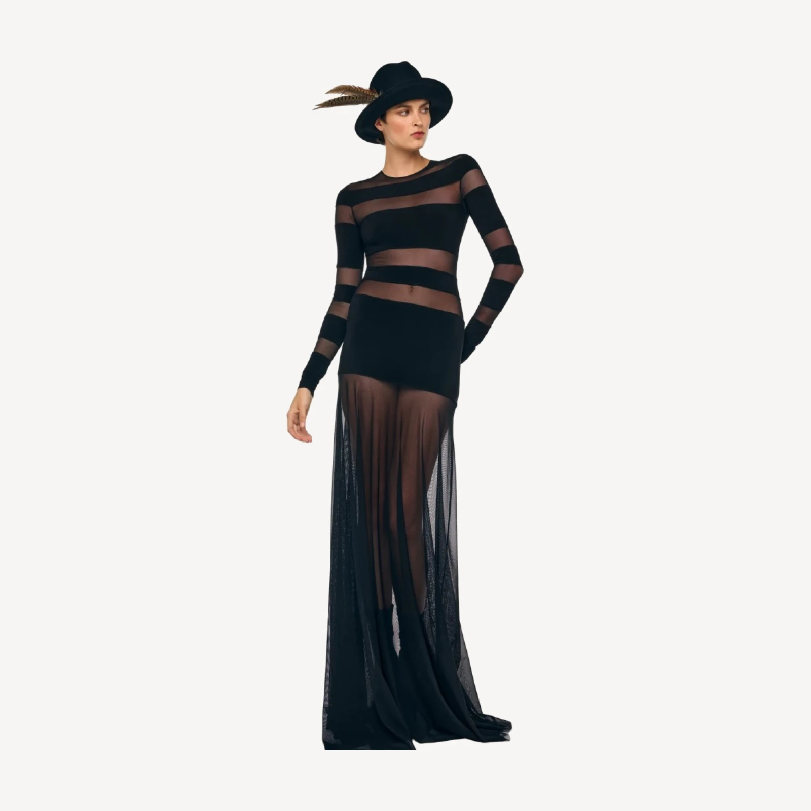 SPLICED LONG SLEEVE FLARED GOWN