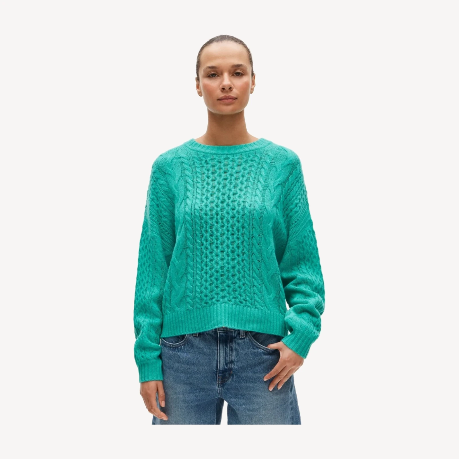 Cashmere cable-knit blouson-sleeve sweater