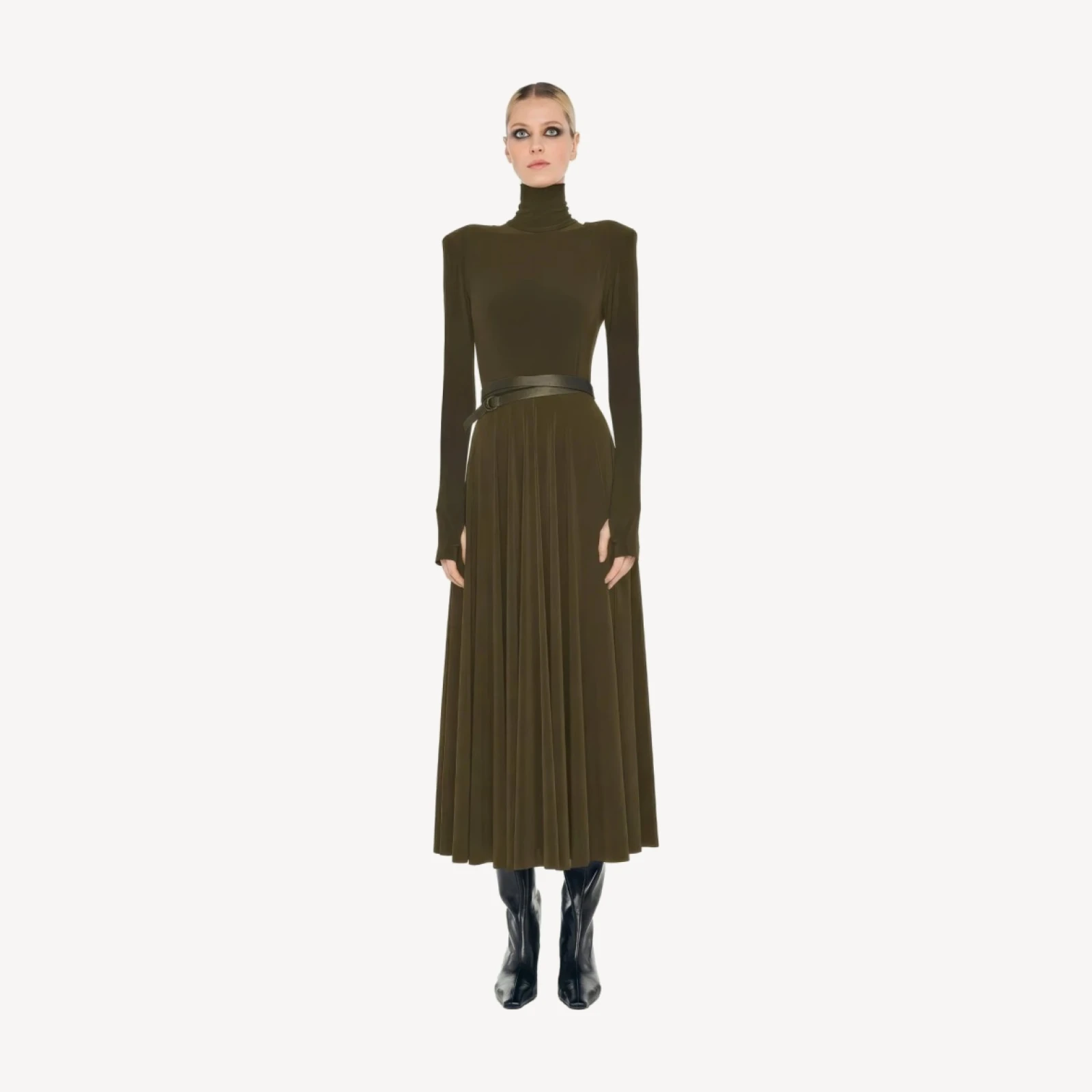 LS SHOULDER PAD TURTLE FLARED DRESS