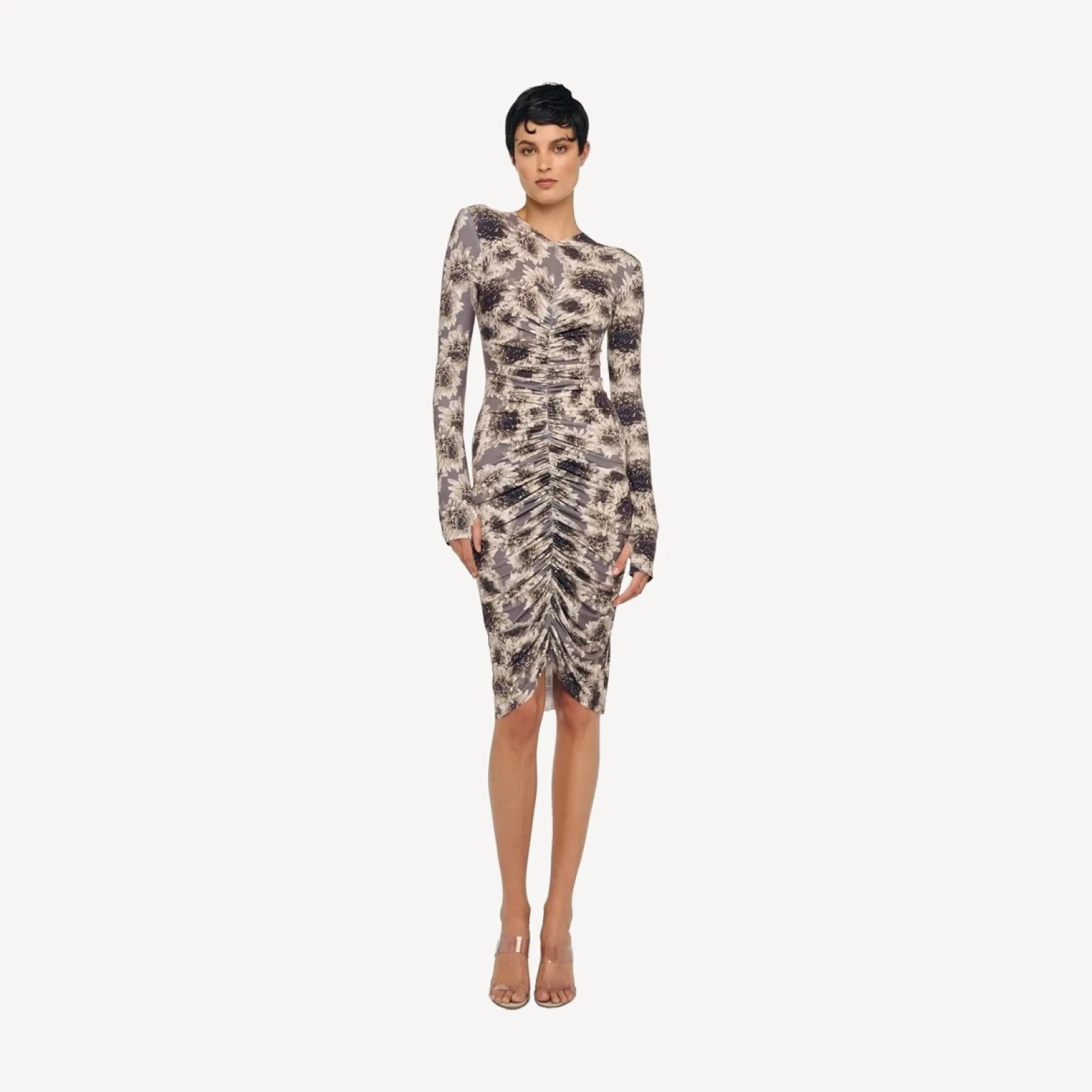 LONG SLEEVE VNECK SHIRRED FRONT DRESS