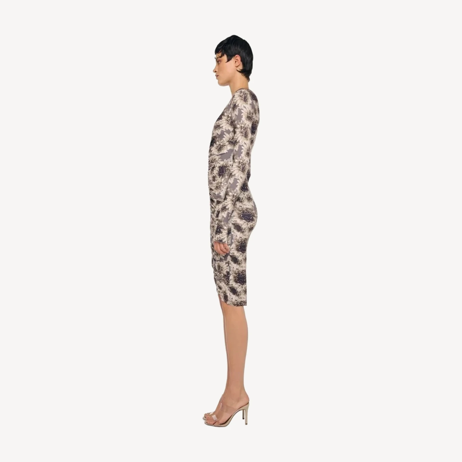LONG SLEEVE VNECK SHIRRED FRONT DRESS