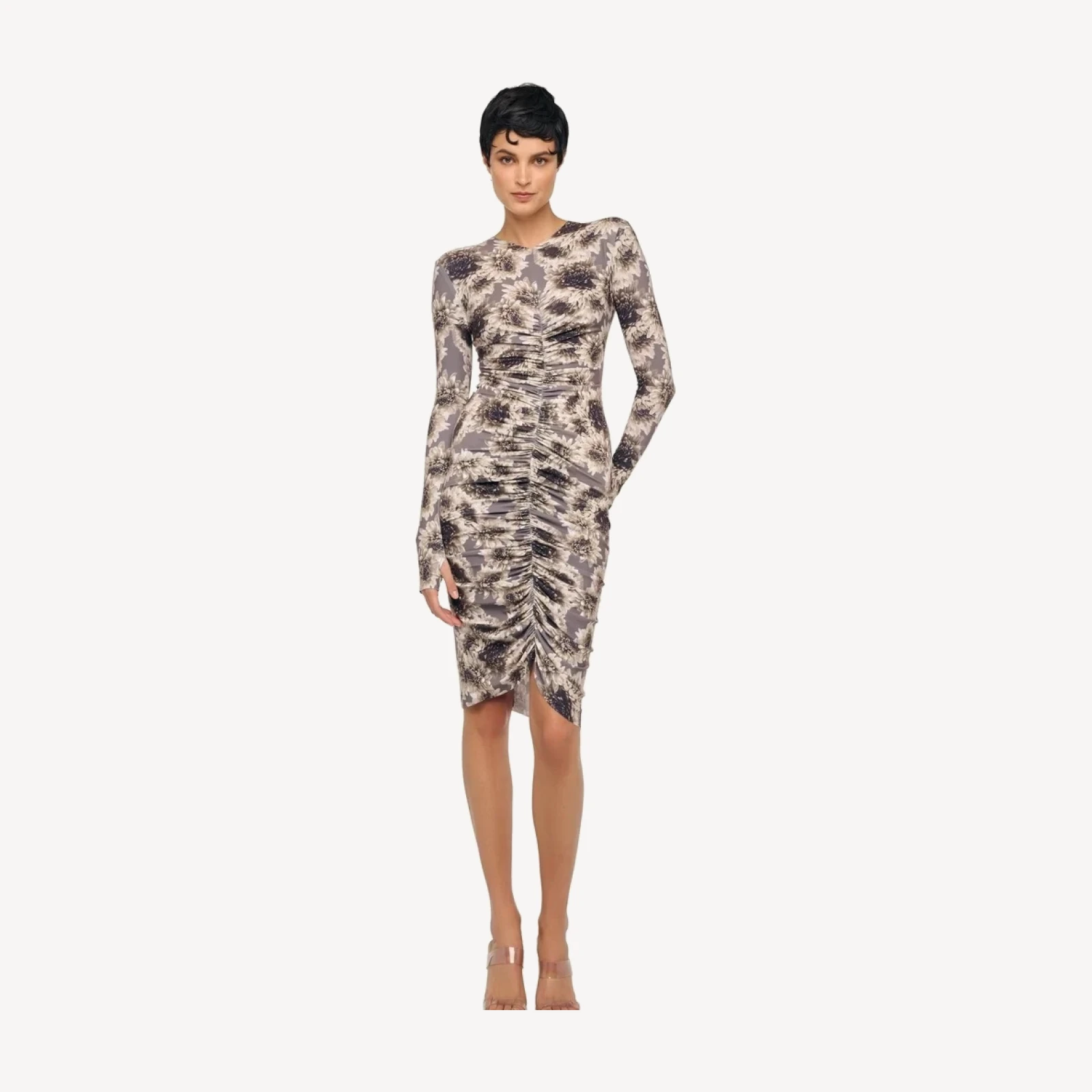 LONG SLEEVE VNECK SHIRRED FRONT DRESS