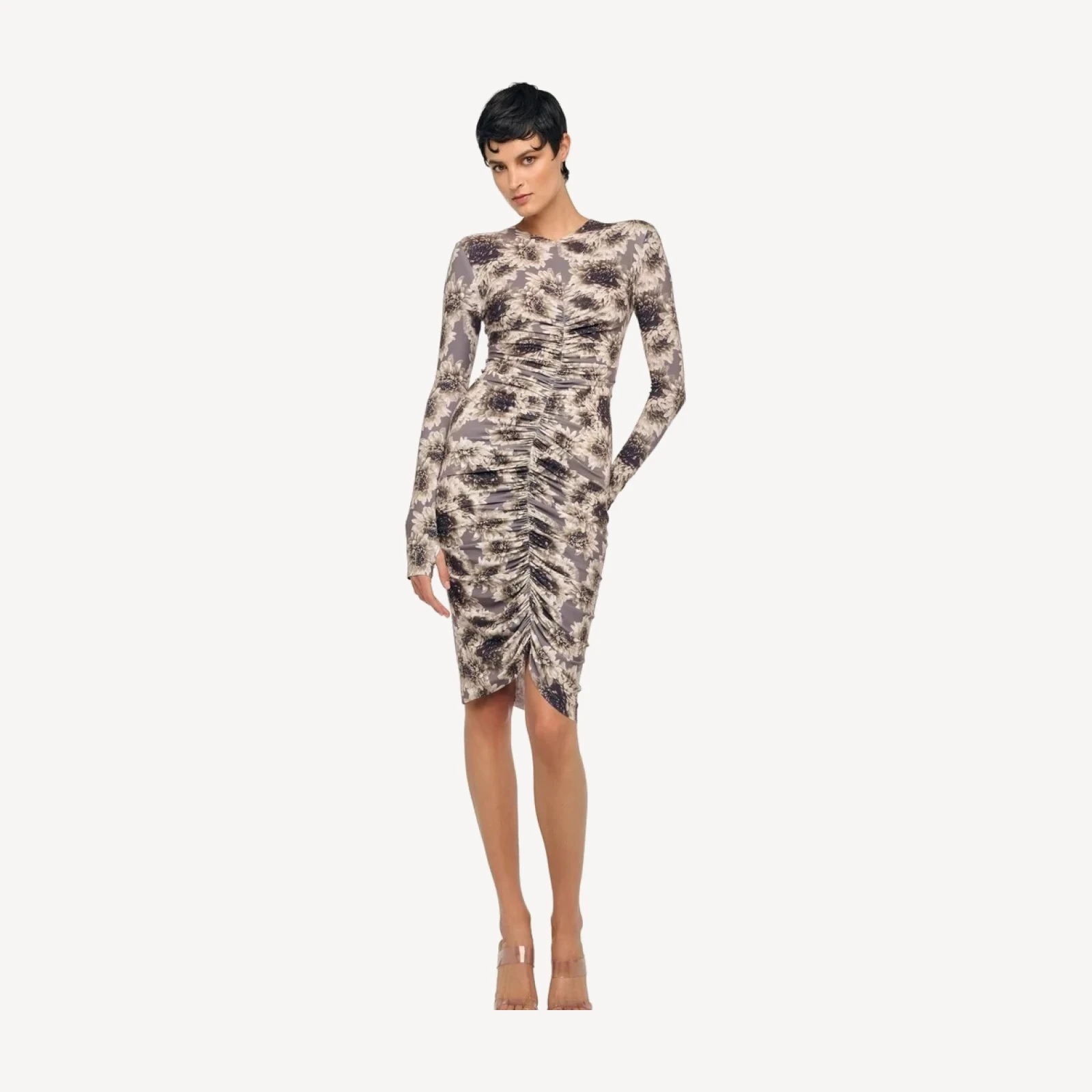 LONG SLEEVE VNECK SHIRRED FRONT DRESS